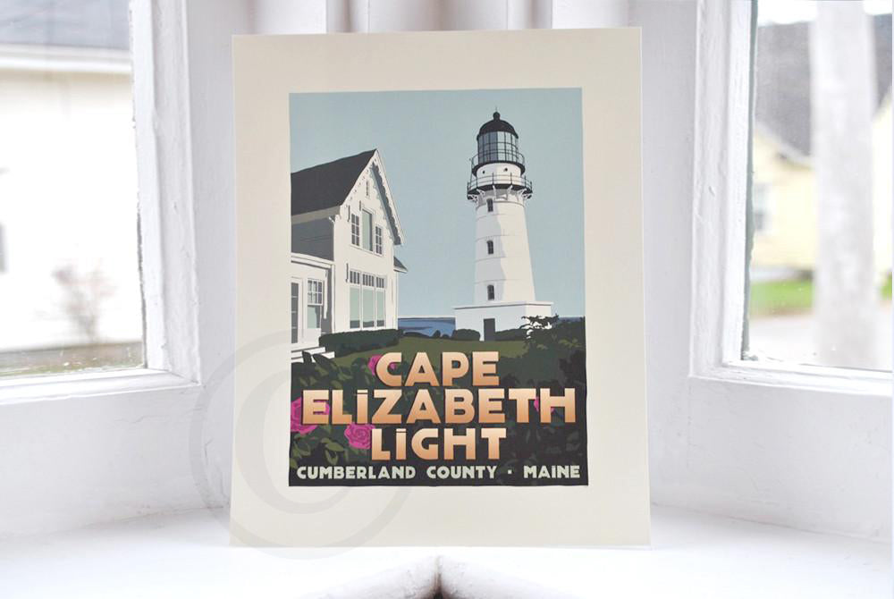 Cape Elizabeth Light Art Print 8" x 10" Travel Poster By Alan Claude - Maine