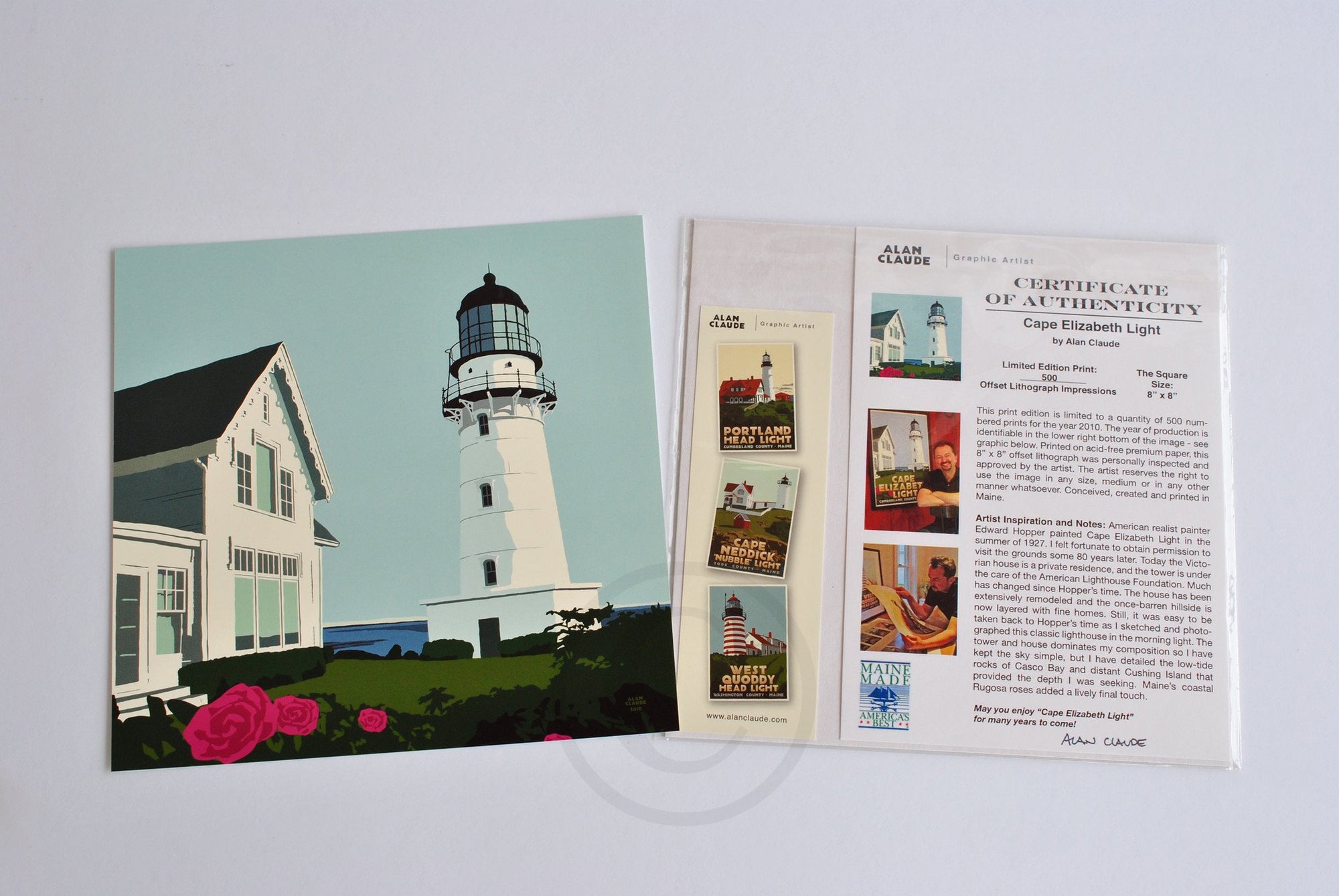 Cape Elizabeth Light Art Print  8" x 8" Square Wall Poster By Alan Claude - Maine