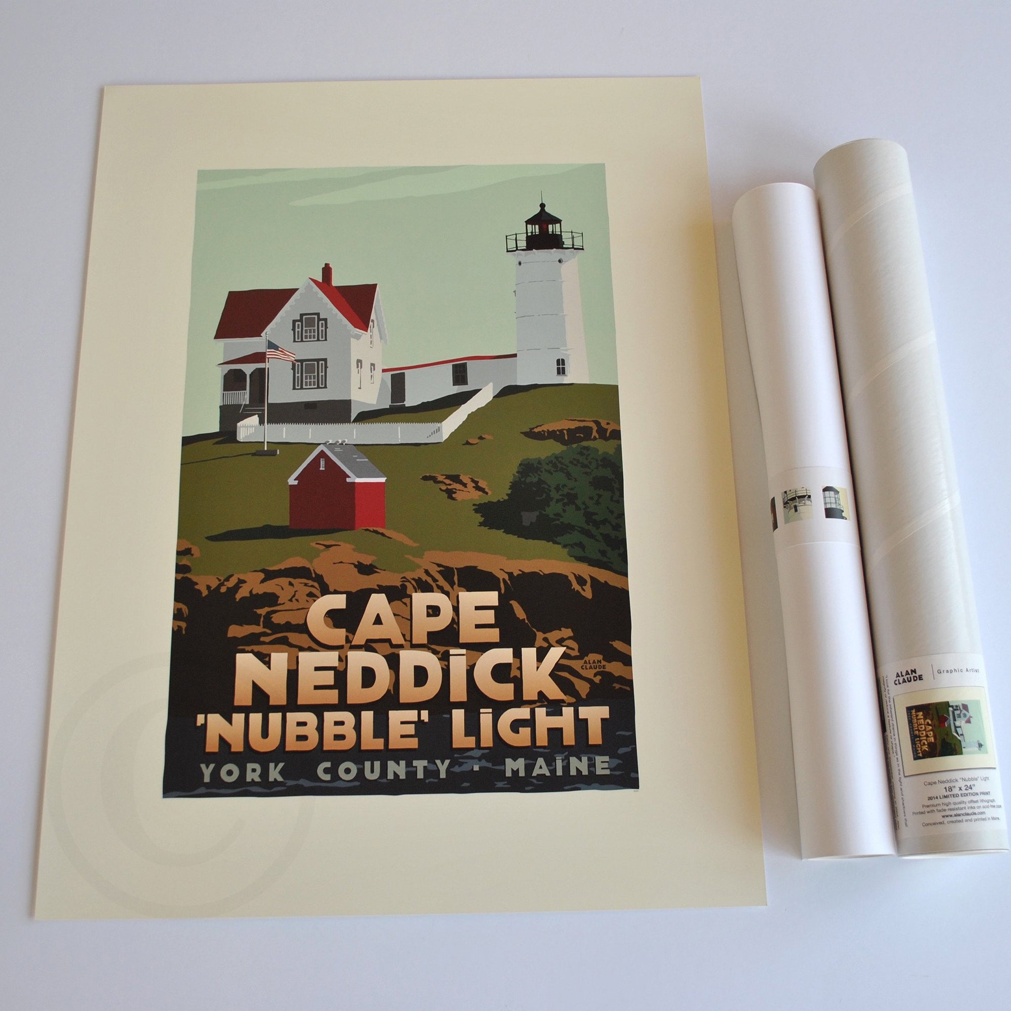 Cape Neddick Nubble Light Art Print 18" x 24" Travel Poster By Alan Claude - Maine