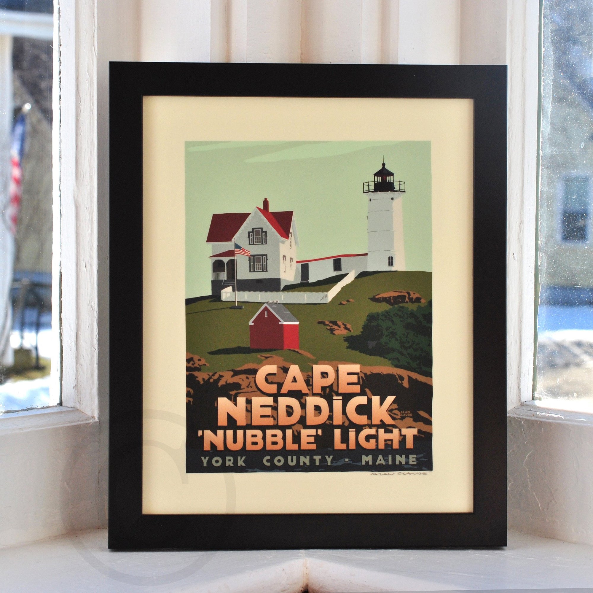 Cape Neddick Nubble Light Art Print 8" x 10" Framed Travel Poster By Alan Claude - Maine