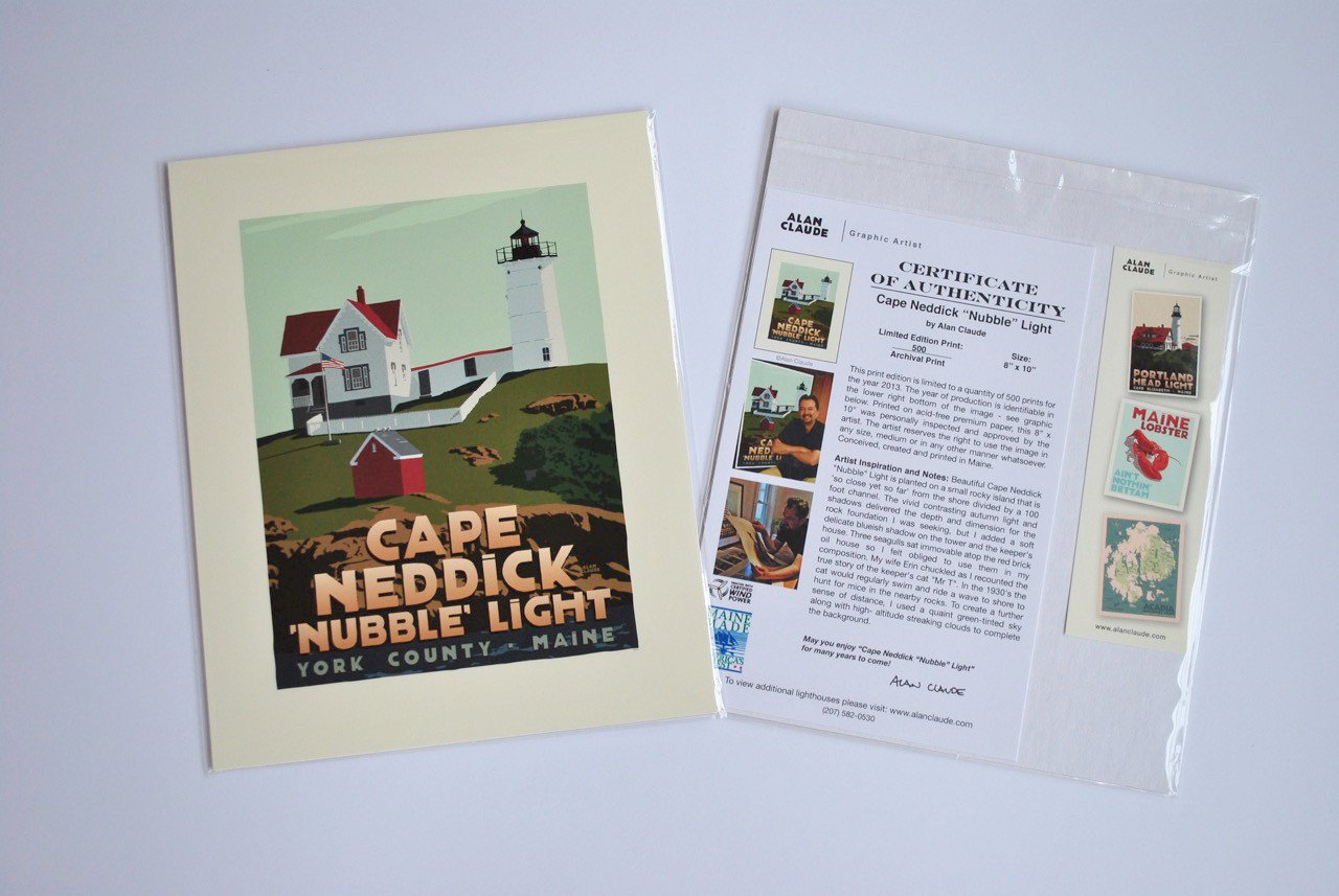 Cape Neddick "Nubble" Light Art Print 8" x 10" Travel Poster By Alan Claude - Maine