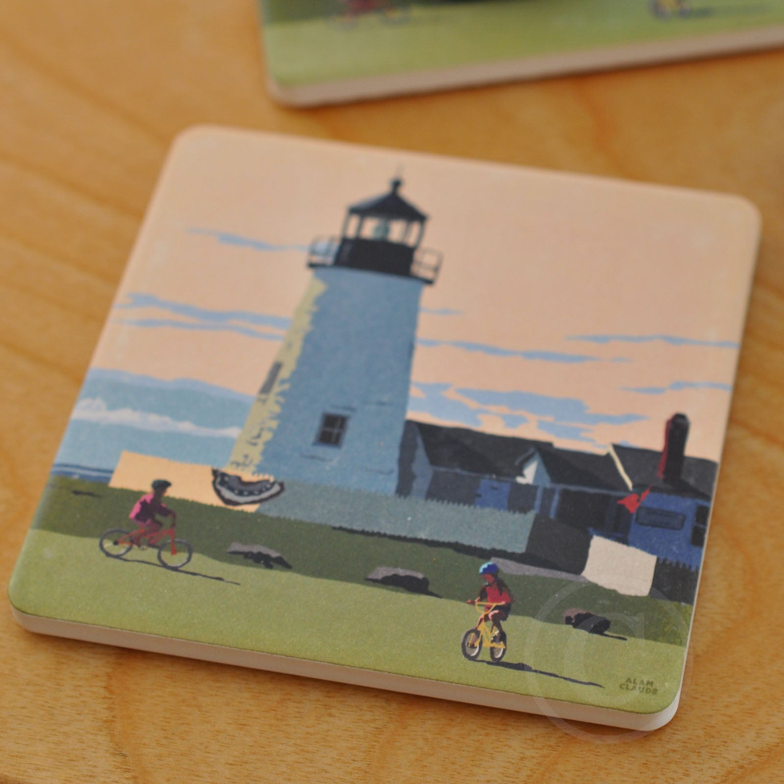 Pemaquid Bicycle Girls Art Drink Coaster - Maine