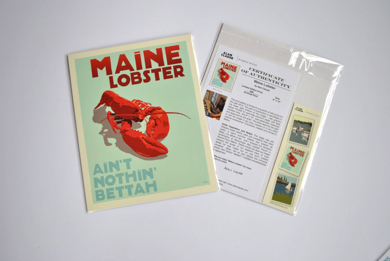 Maine Lobster Art Print 8" x 10" Travel Poster By Alan Claude - Maine