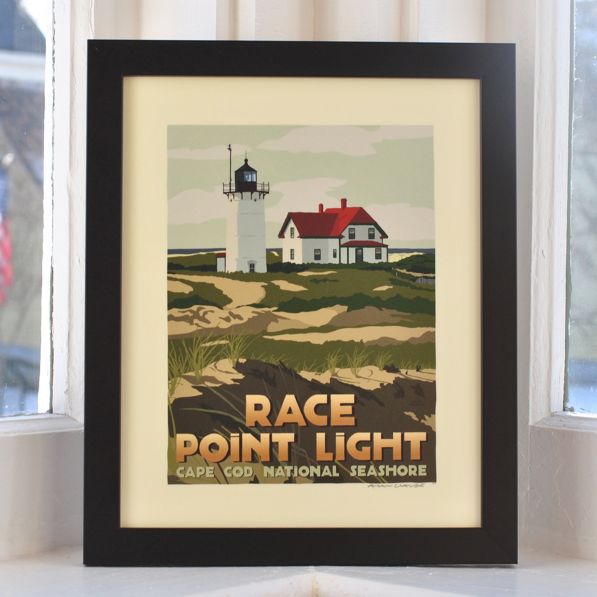 Race Point Light Art Print 8" x 10" Framed Travel Poster By Alan Claude - Massachusetts