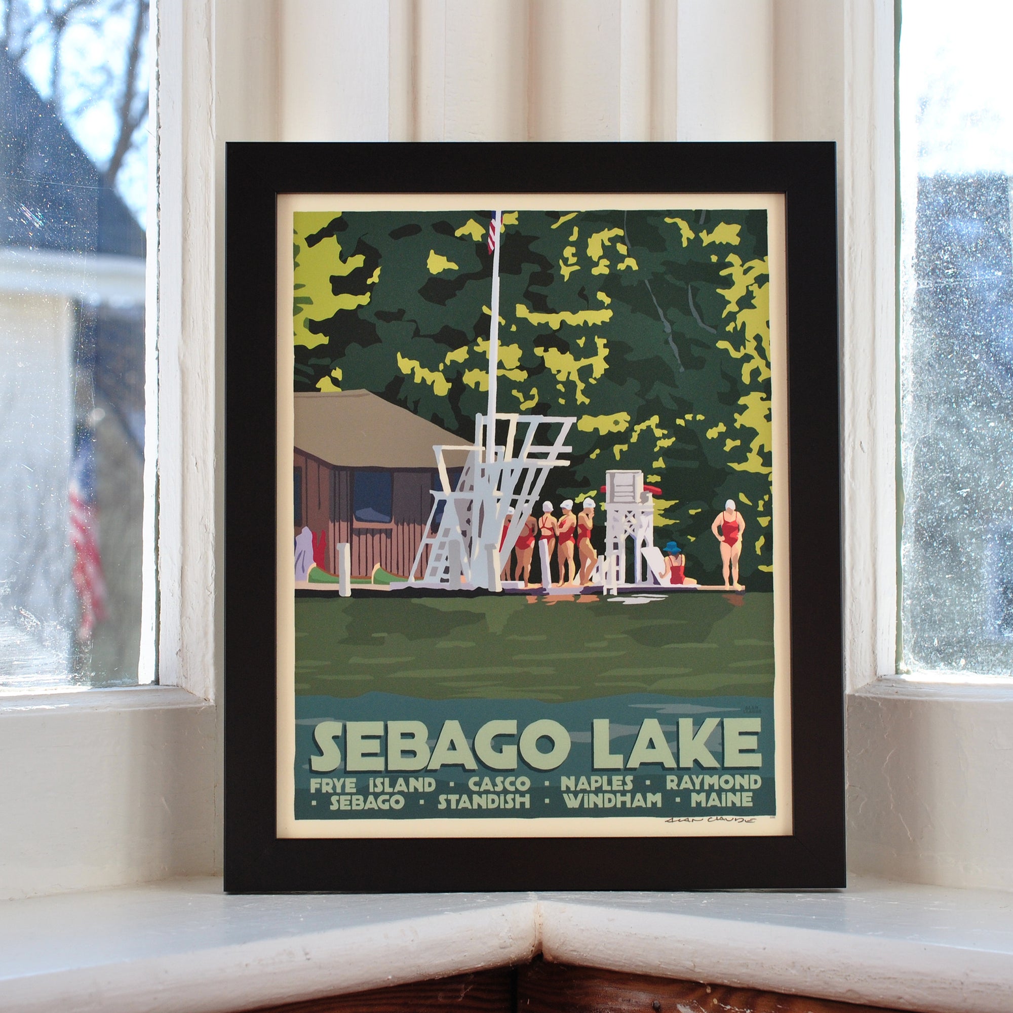 Sebago Lake Swimmers Art Print 8" x 10" Framed Travel Poster By Alan Claude - Maine