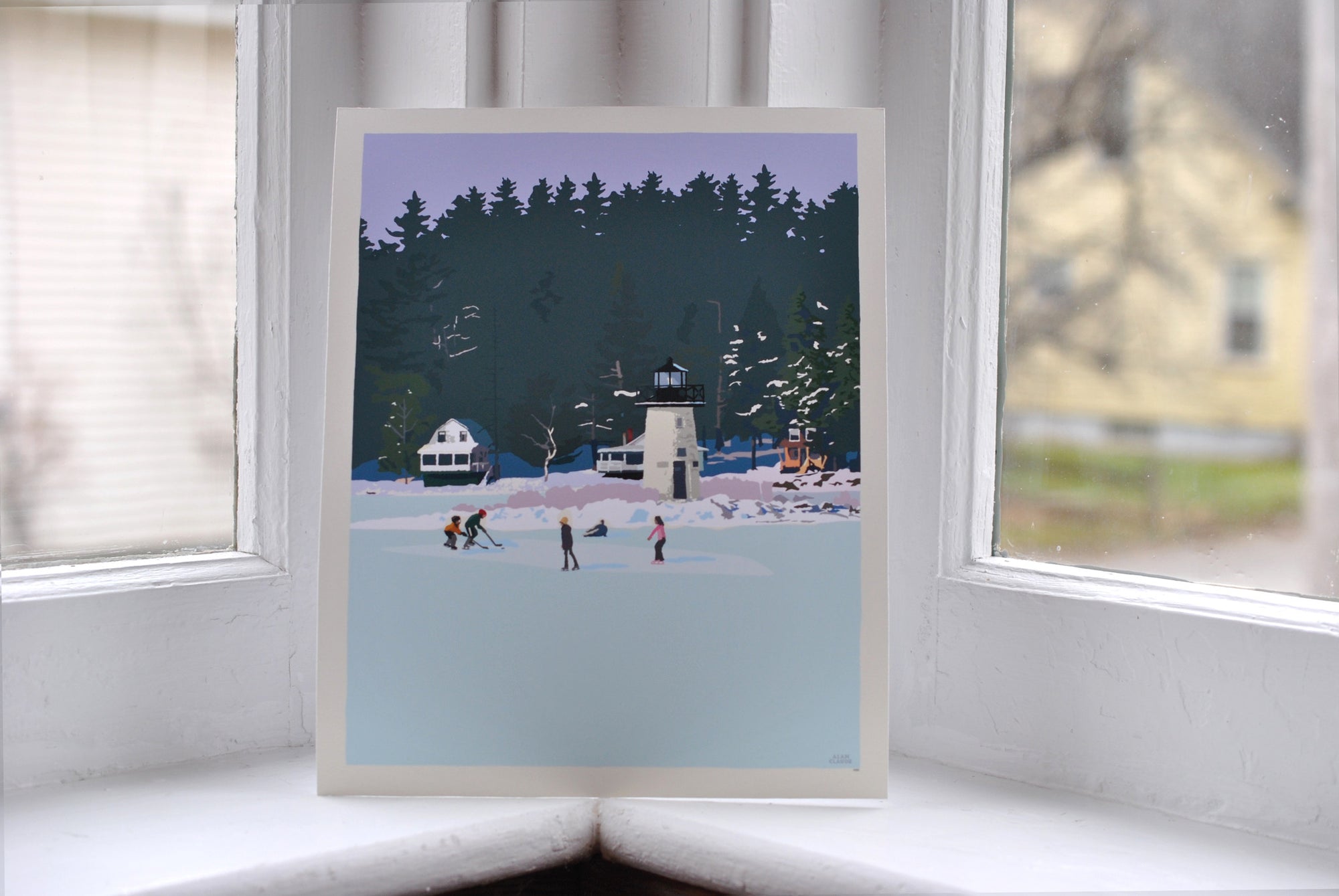 Ice Skating At Ladies Delight Art Print 8" x 10" Wall Poster By Alan Claude - Maine
