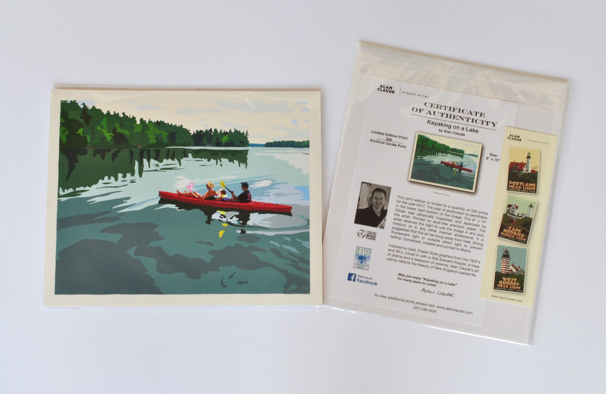 Kayaking on a Lake Art Print 8" x 10" Wall Poster By Alan Claude - Maine