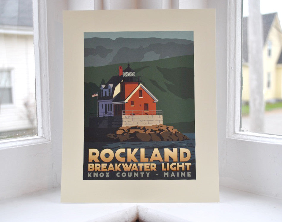 Rockland Breakwater Light Art Print 8" x 10" Travel Poster By Alan Claude - Maine