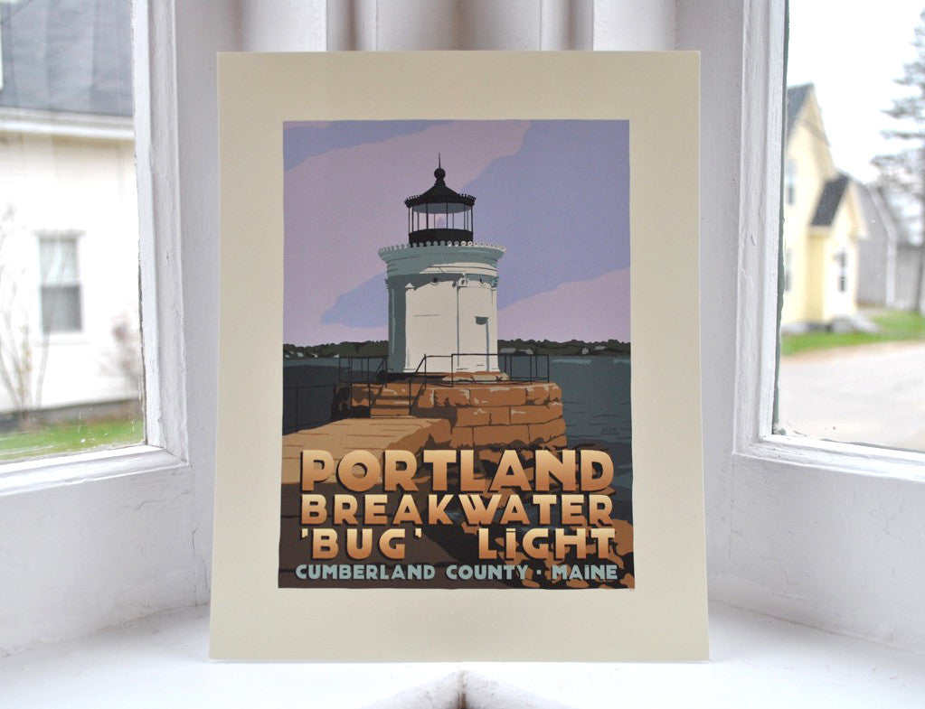 Portland Breakwater Bug Light Art Print 8" x 10" Travel Poster By Alan Claude - Maine