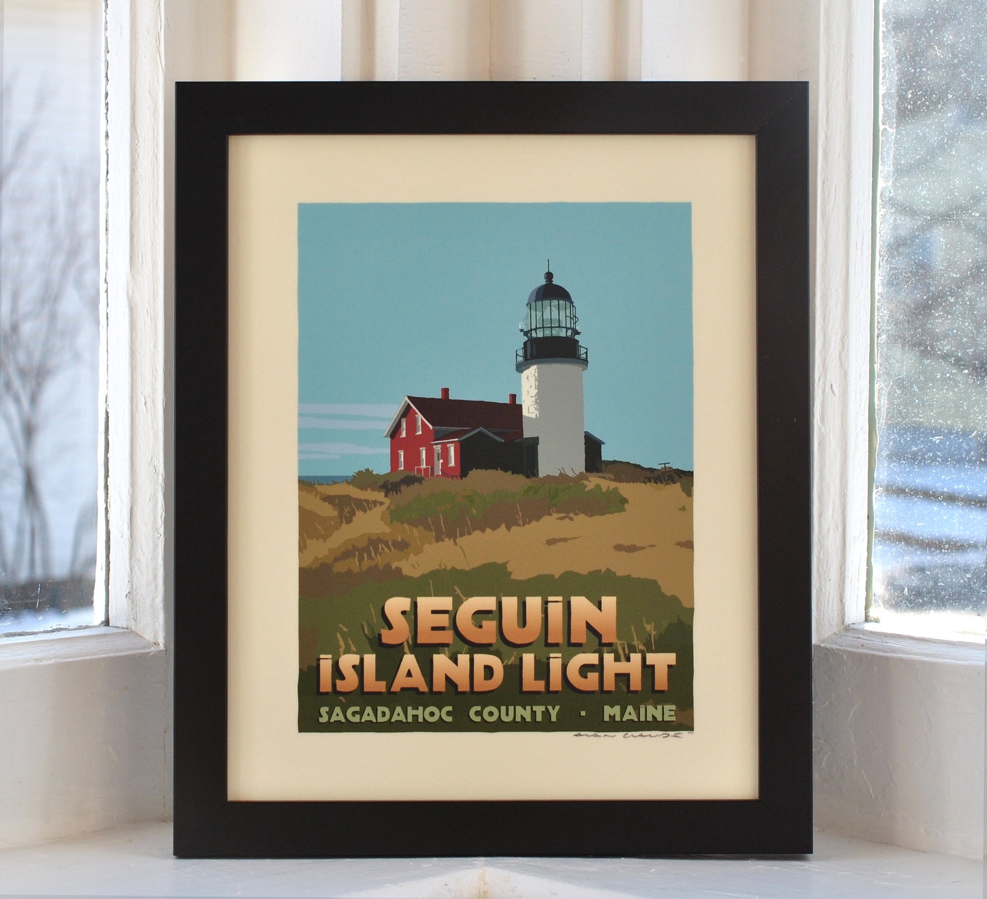 Seguin Island Light Art Print 8" x 10" Framed Travel Poster By Alan Claude - Maine