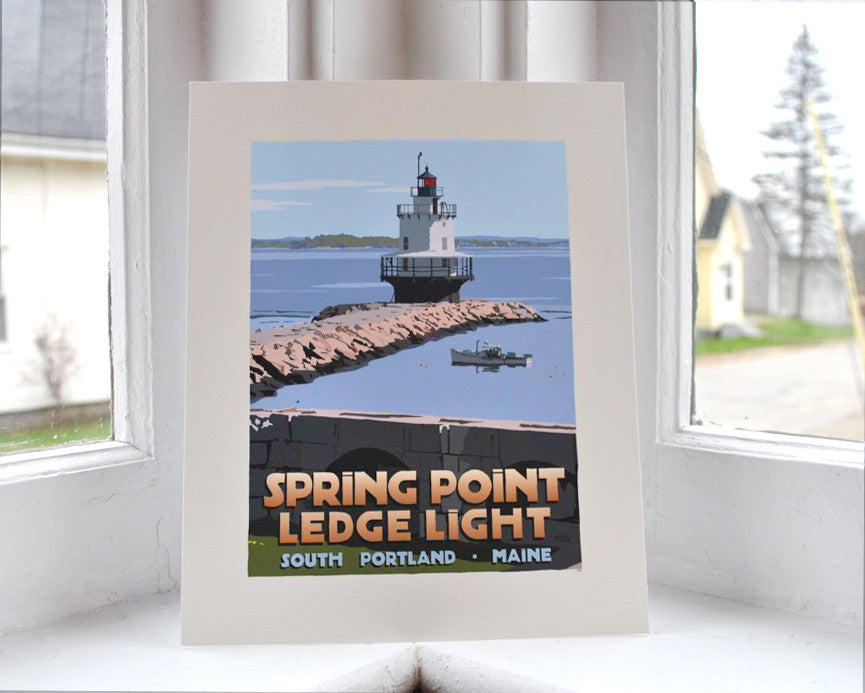 Spring Point Ledge Light Art Print 8" x 10" Travel Poster By Alan Claude - Maine