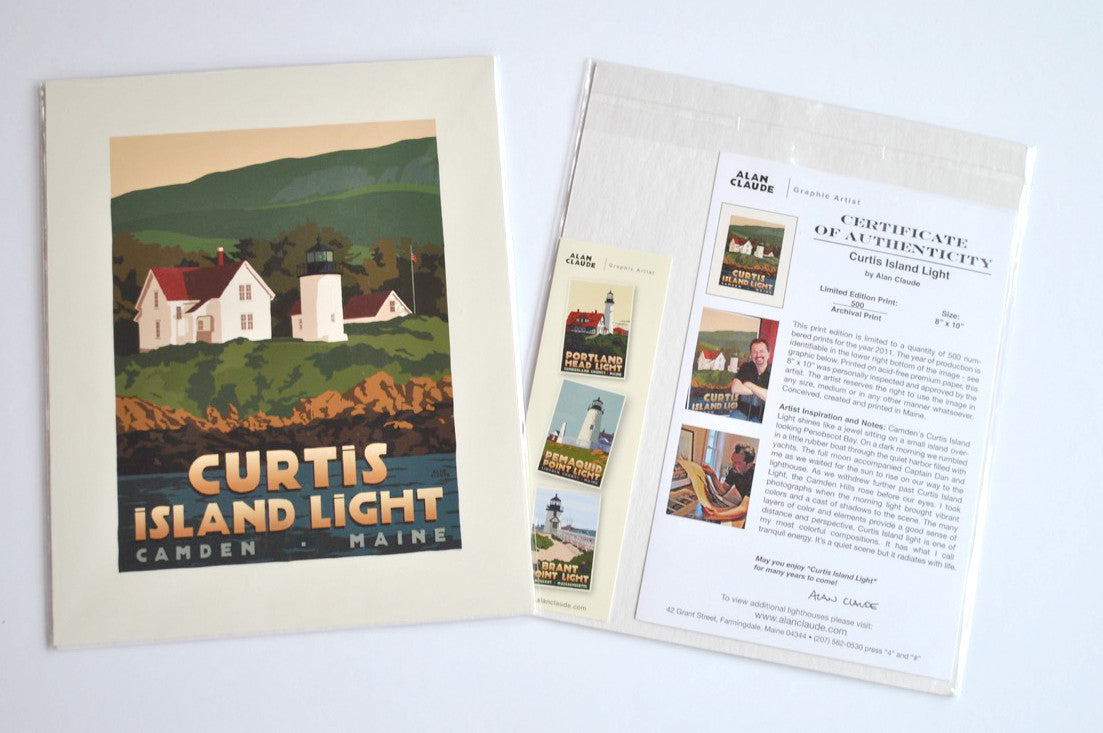 Curtis Island Light Art Print 8" x 10" Travel Poster By Alan Claude - Maine