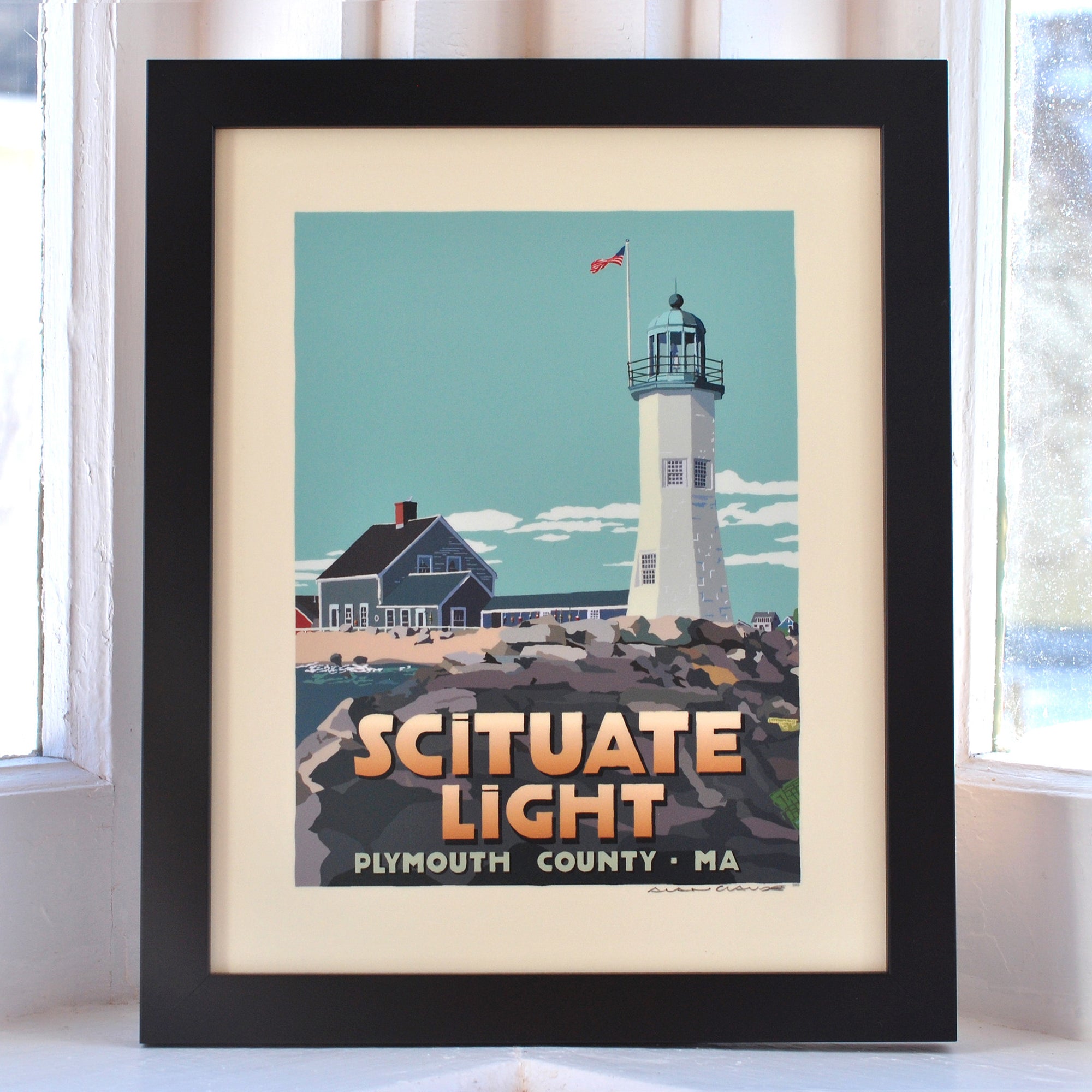 Scituate Light Art Print 8" x 10" Framed Travel Poster By Alan Claude - Massachusetts