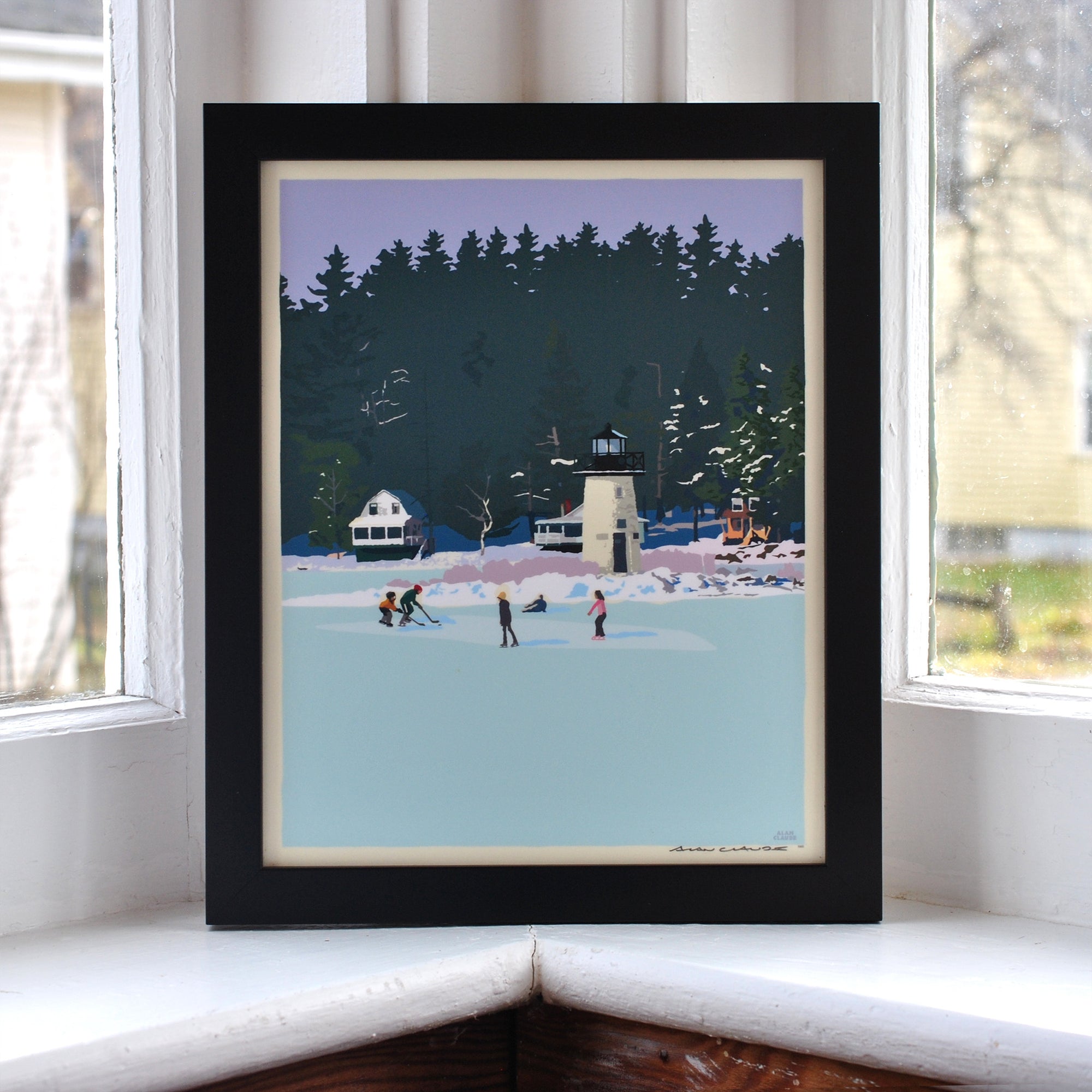 Ice Skating At Ladies Delight Art Print 8" x 10" Framed Wall Poster By Alan Claude - Maine
