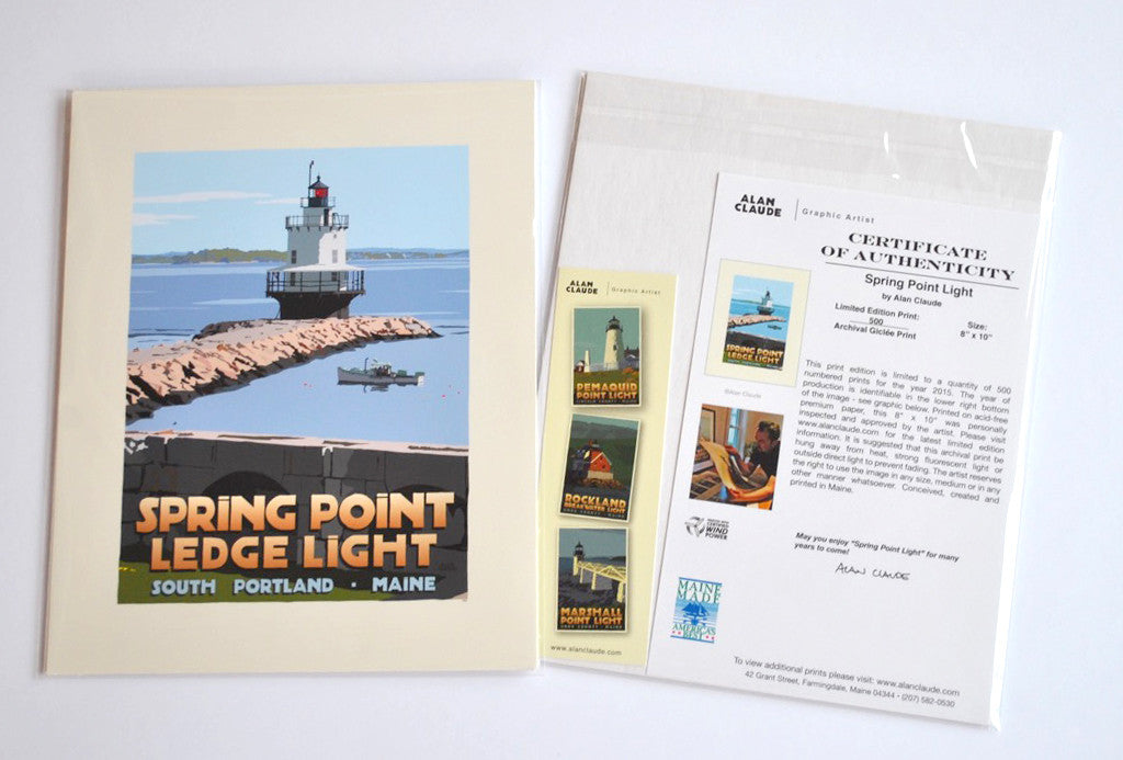 Spring Point Ledge Light Art Print 8" x 10" Travel Poster By Alan Claude - Maine
