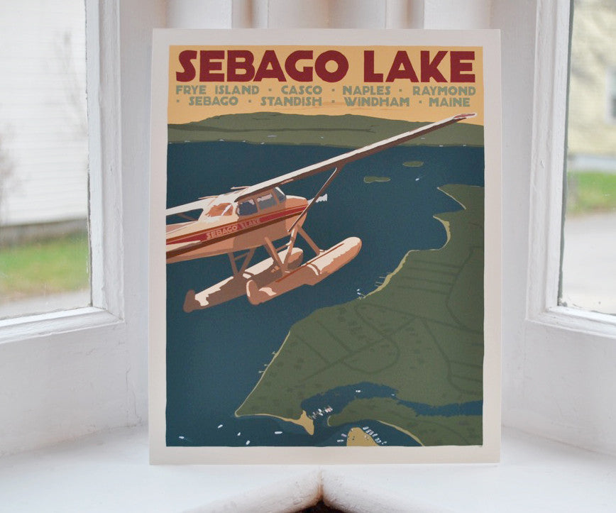 Sebago Lake Seaplane Art Print 8" x 10" Travel Poster By Alan Claude - Maine