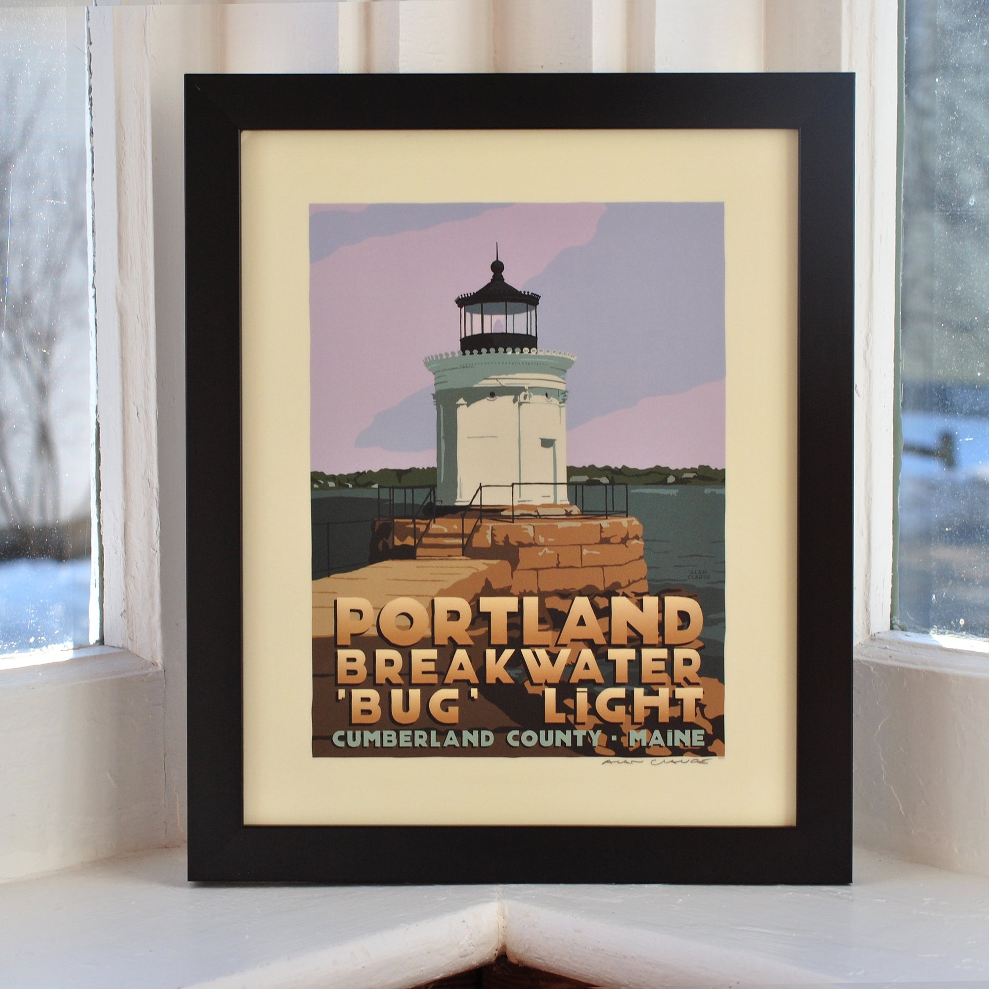 Portland Breakwater Bug Light Art Print 8" x 10" Framed Travel Poster By Alan Claude - Maine