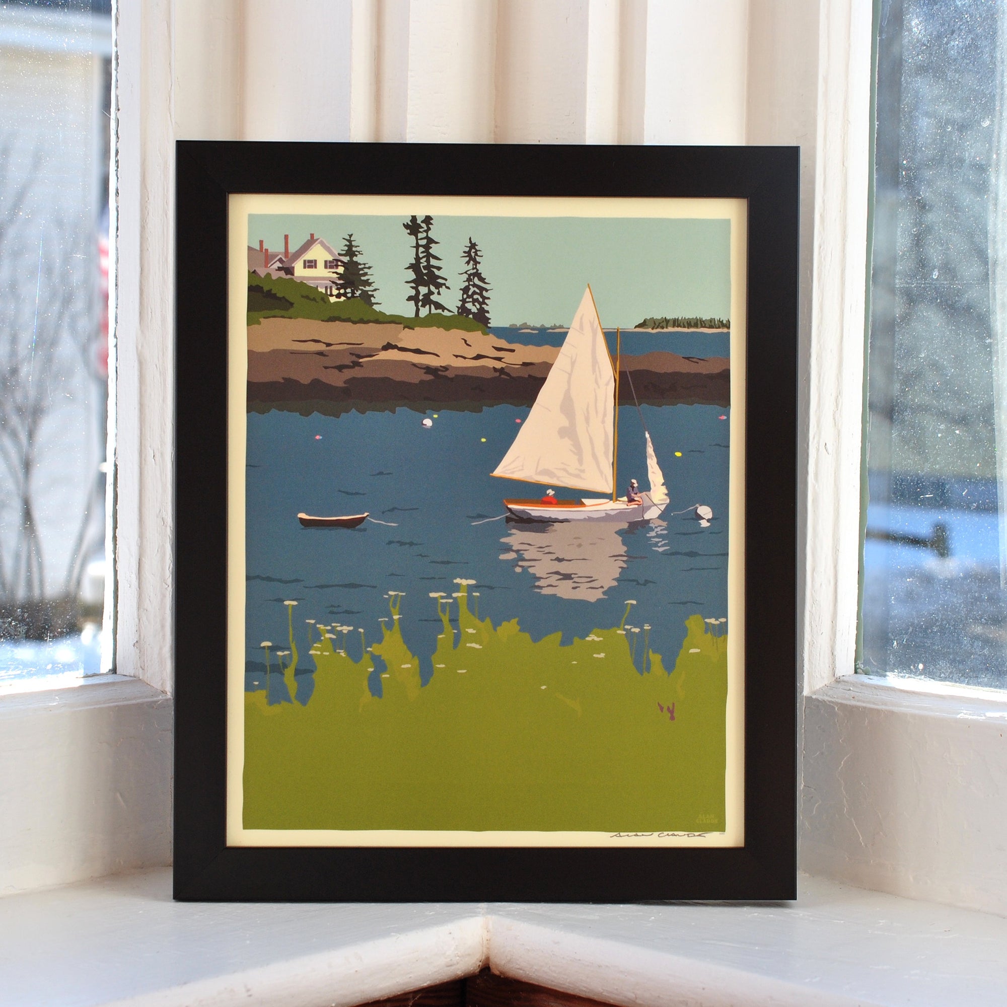 Sailing Long Cove Art Print 8" x 10" Framed Wall Poster By Alan Claude - Maine