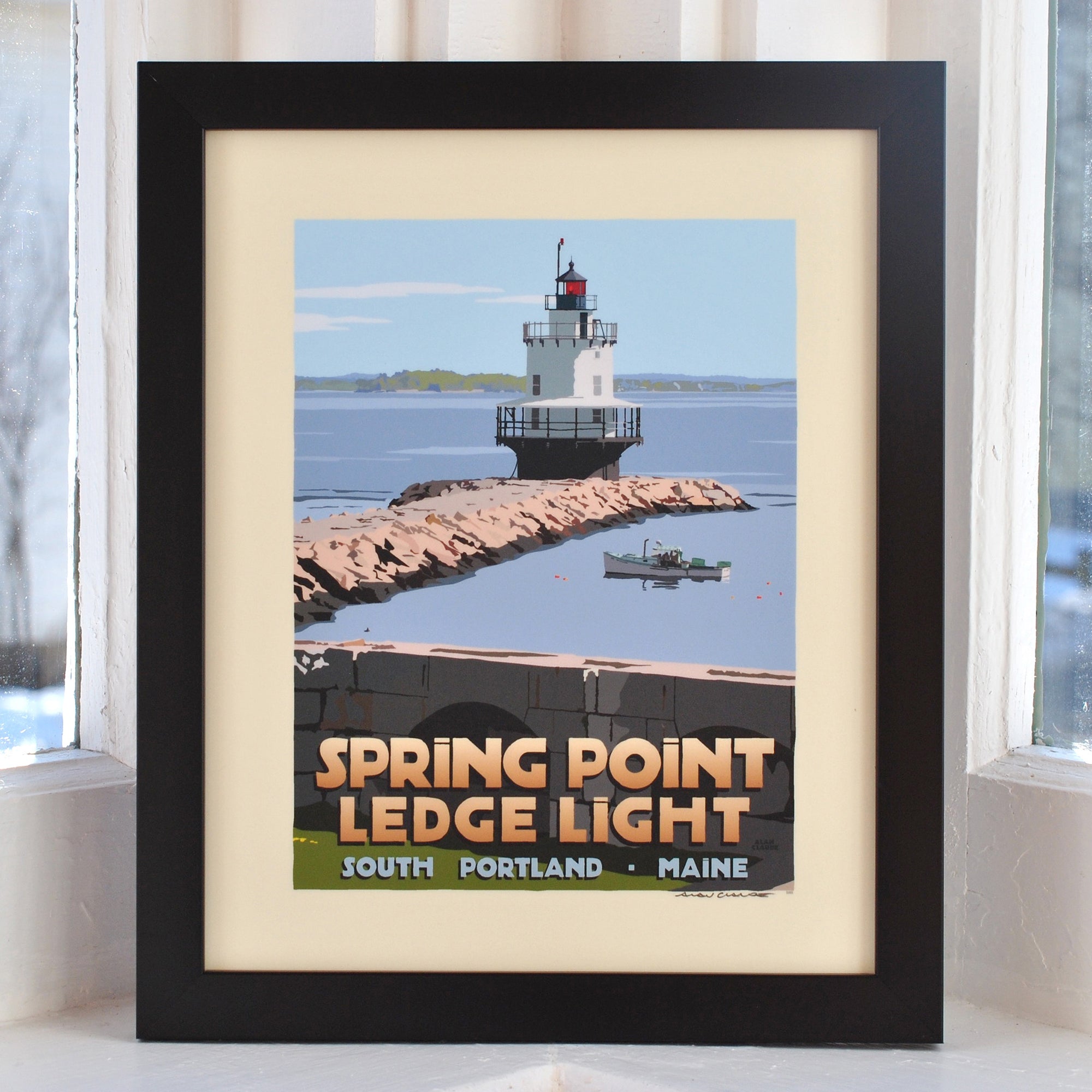 Spring Point Ledge Light Art Print 8" x 10" Framed Travel Poster By Alan Claude - Maine