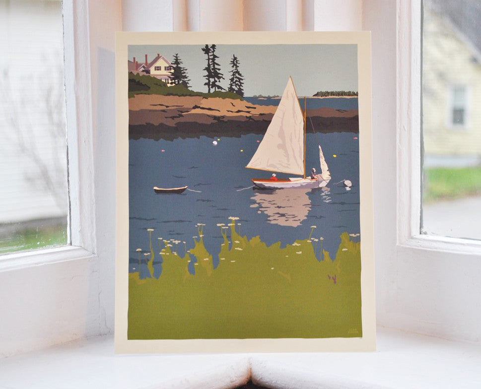 Sailing Long Cove Art Print 8" x 10" Wall Poster By Alan Claude - Maine