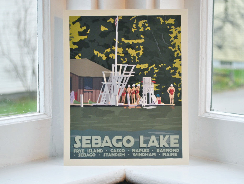 Sebago Lake Swimmers Art Print 8" x 10" Travel Poster By Alan Claude - Maine
