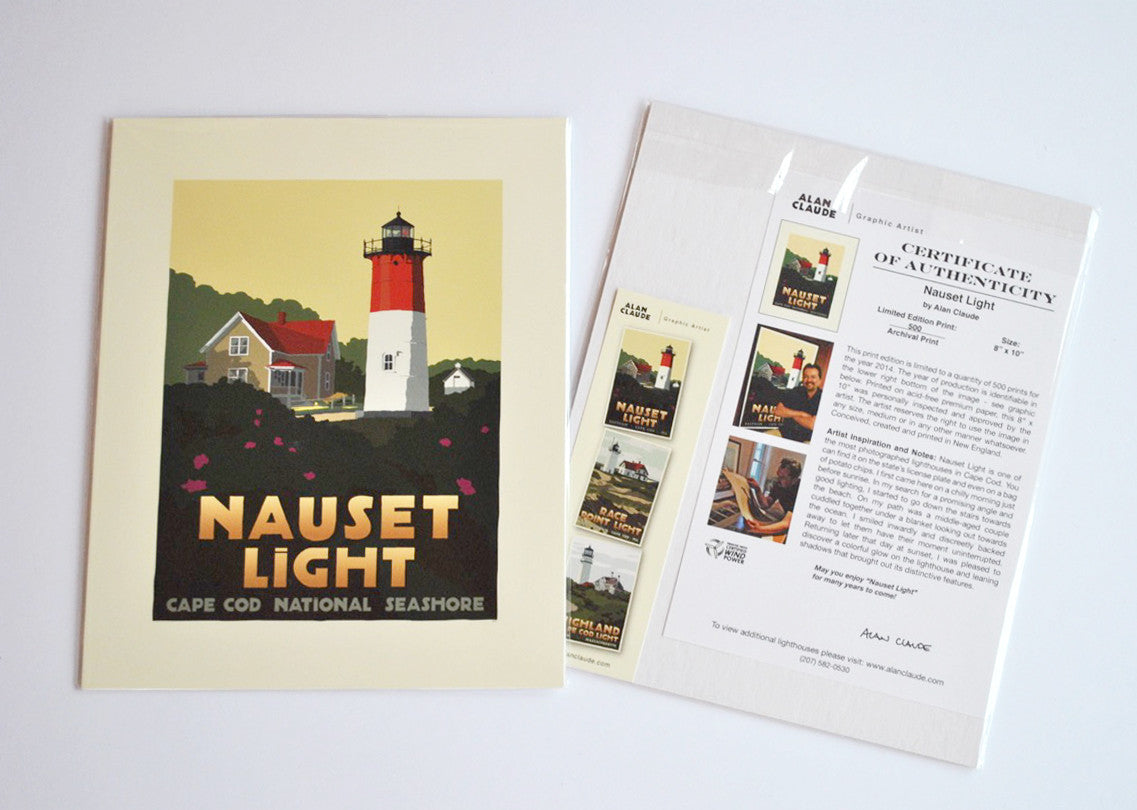 Nauset Light Art Print 8" x 10" Travel Poster By Alan Claude - Massachusetts