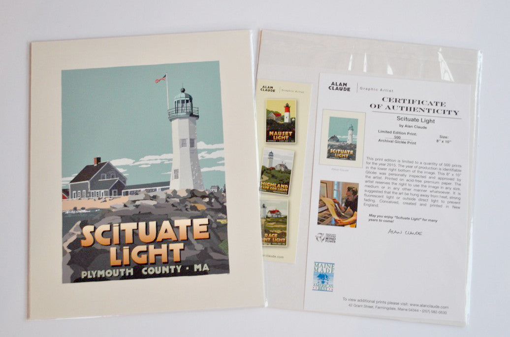Scituate Light Art Print 8" x 10" Travel Poster By Alan Claude - Massachusetts