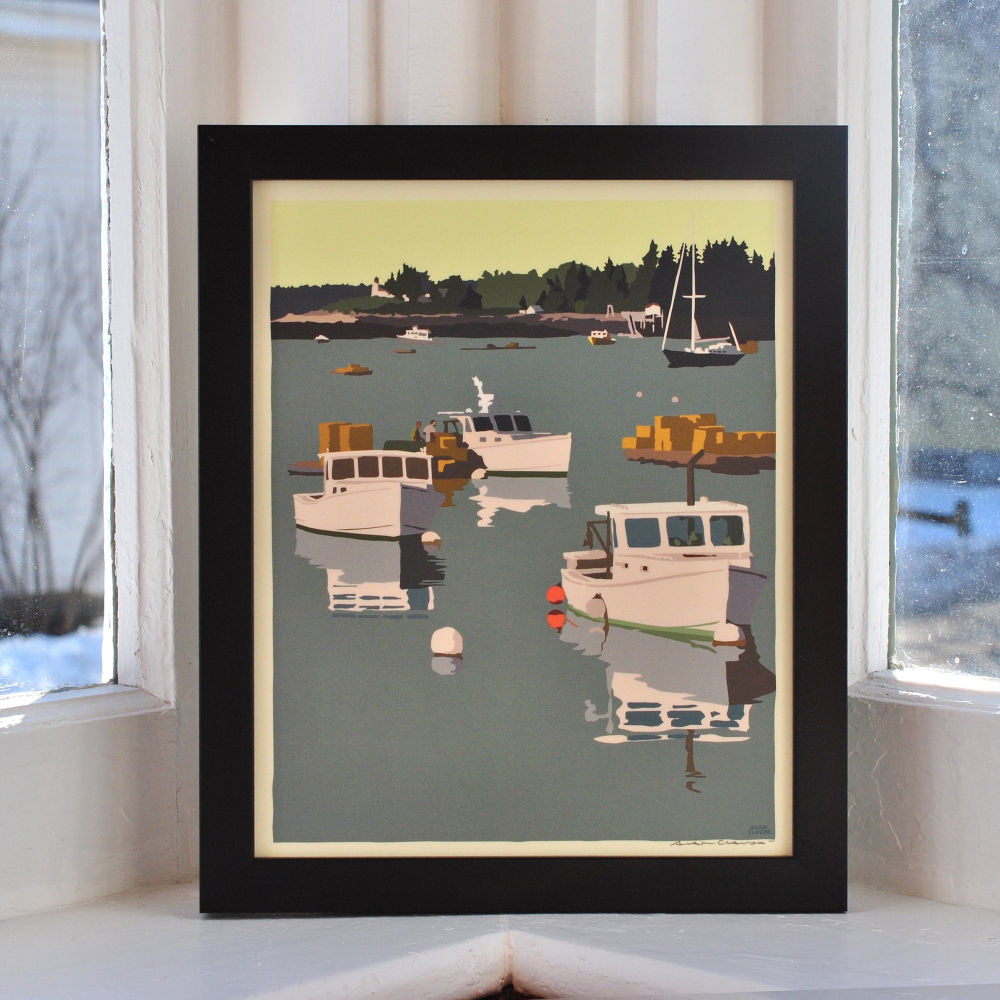 Lobster Boats on a Sunday Morning Art Print 8" x 10" Framed Wall Poster By Alan Claude - Maine