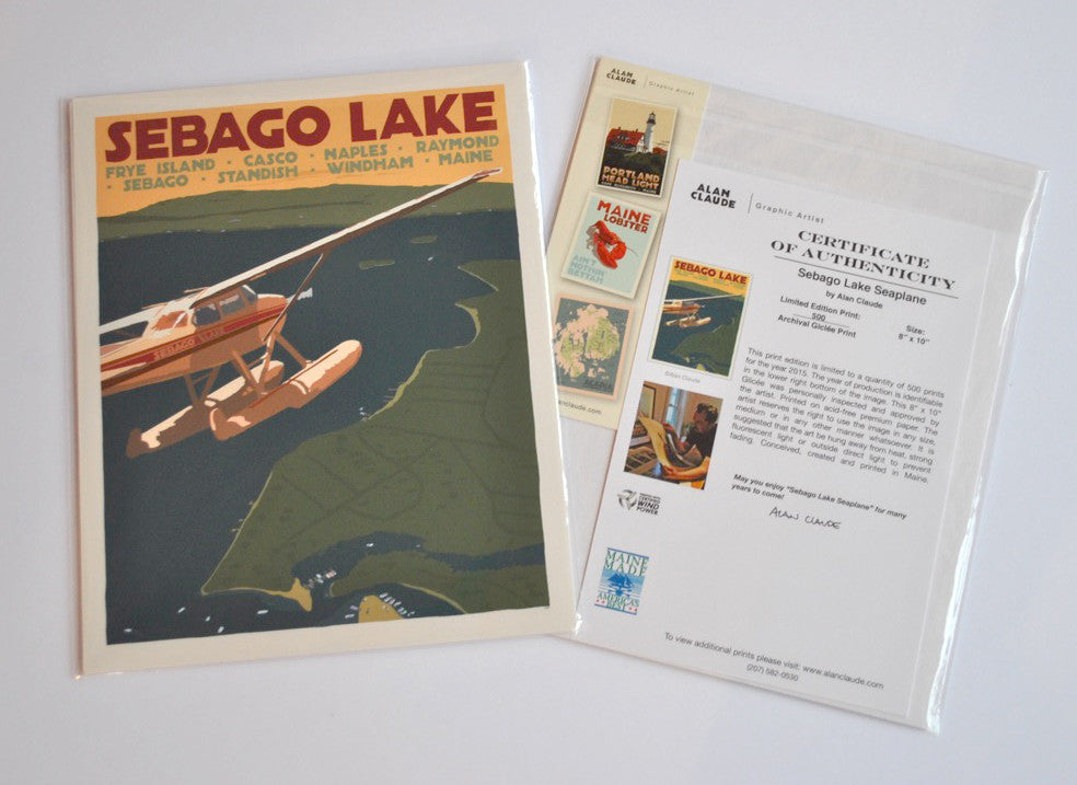 Sebago Lake Seaplane Art Print 8" x 10" Travel Poster By Alan Claude - Maine