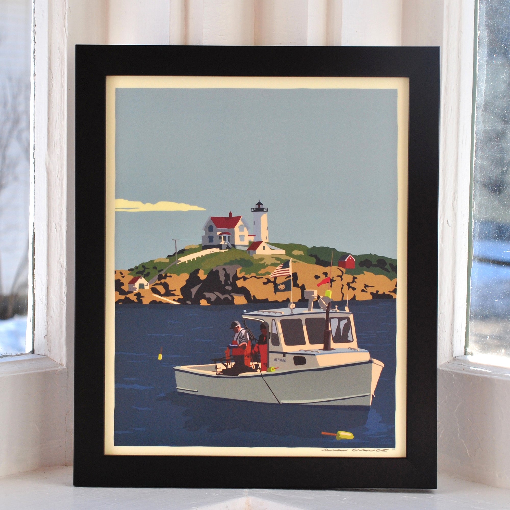 Lobstering at the Nubble Art Print 8" x 10" Framed Wall Poster By Alan Claude - Maine