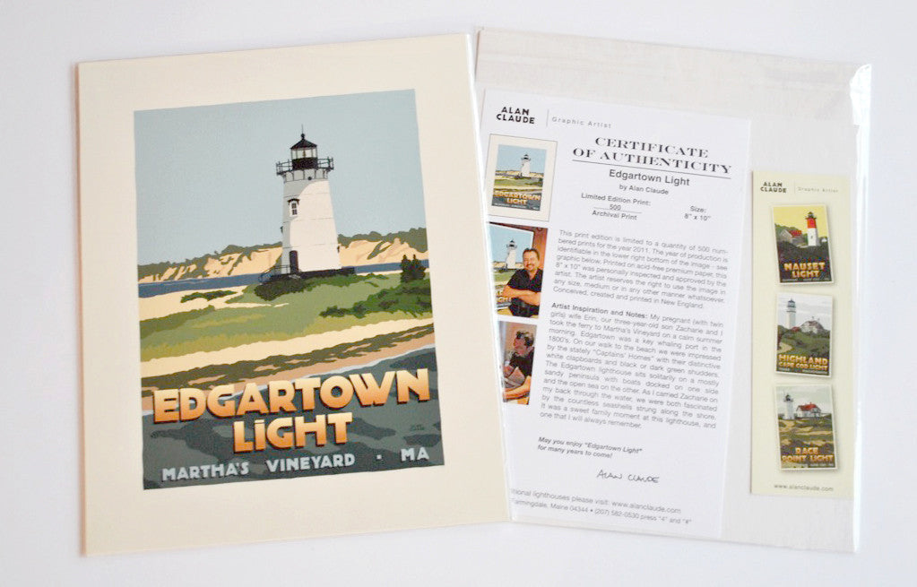 Edgartown Light Art Print 8" x 10" Travel Poster By Alan Claude - Massachusetts