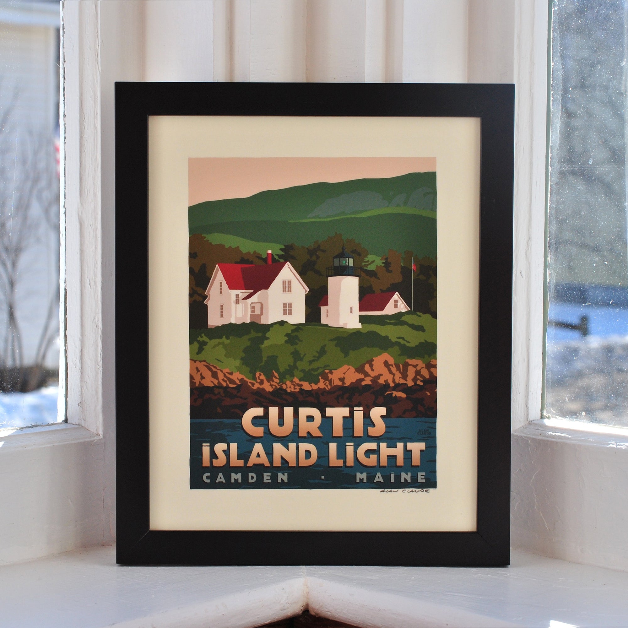 Curtis Island Light Art Print 8" x 10" Framed Travel Poster By Alan Claude - Maine