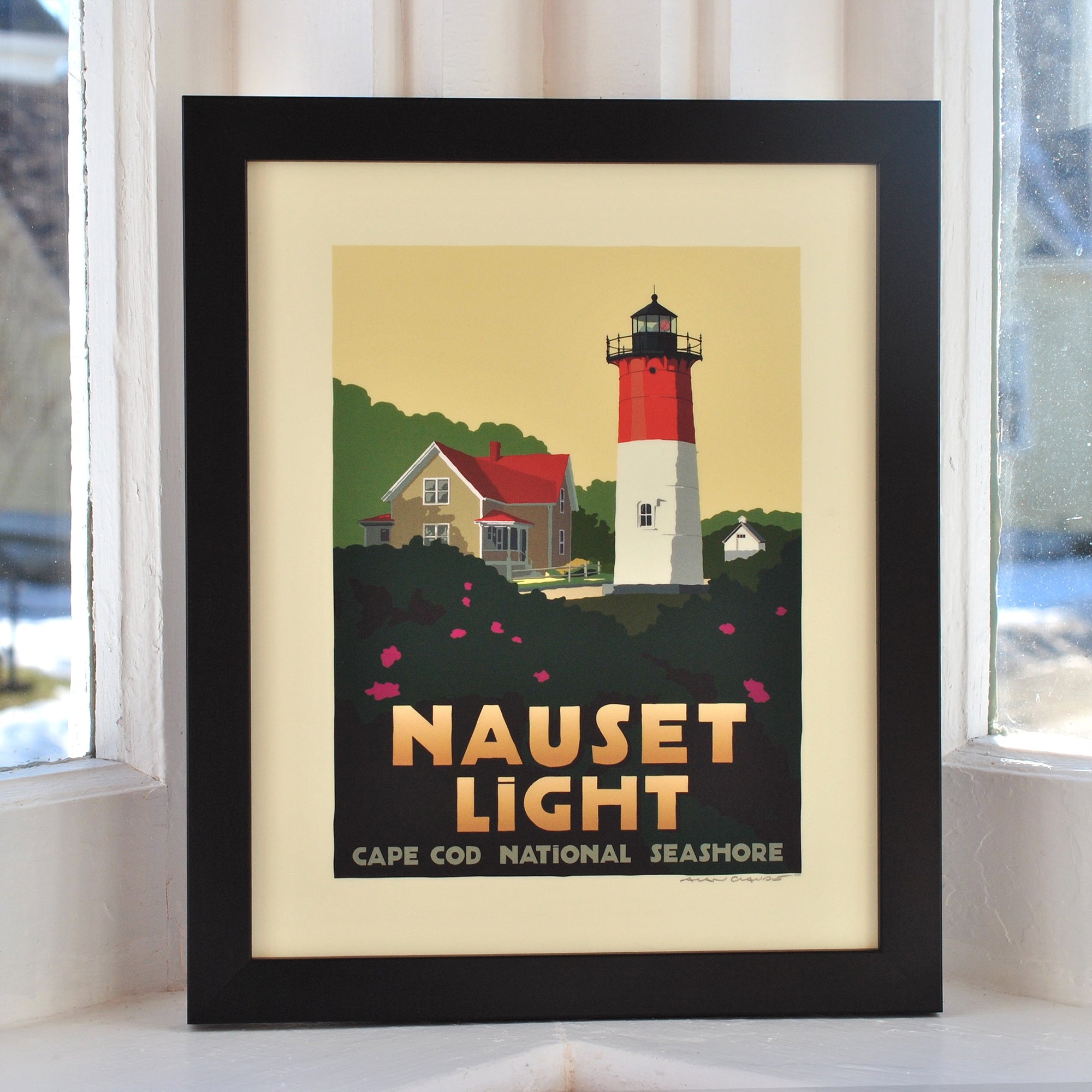 Nauset Light Art Print 8" x 10" Framed Travel Poster By Alan Claude - Massachusetts