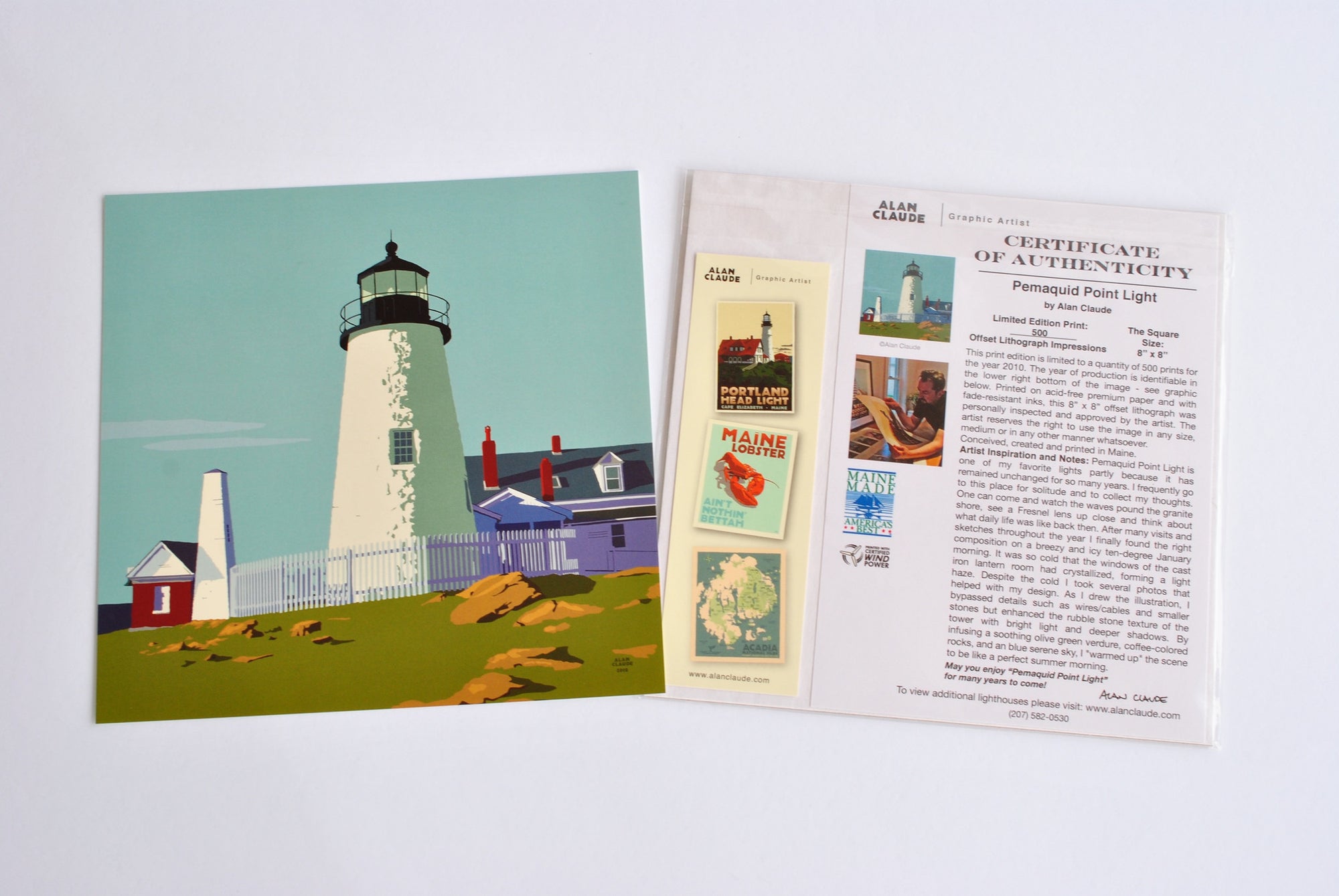 Pemaquid Point Light Art Print 8" x 8" Square Wall Poster By Alan Claude - Maine