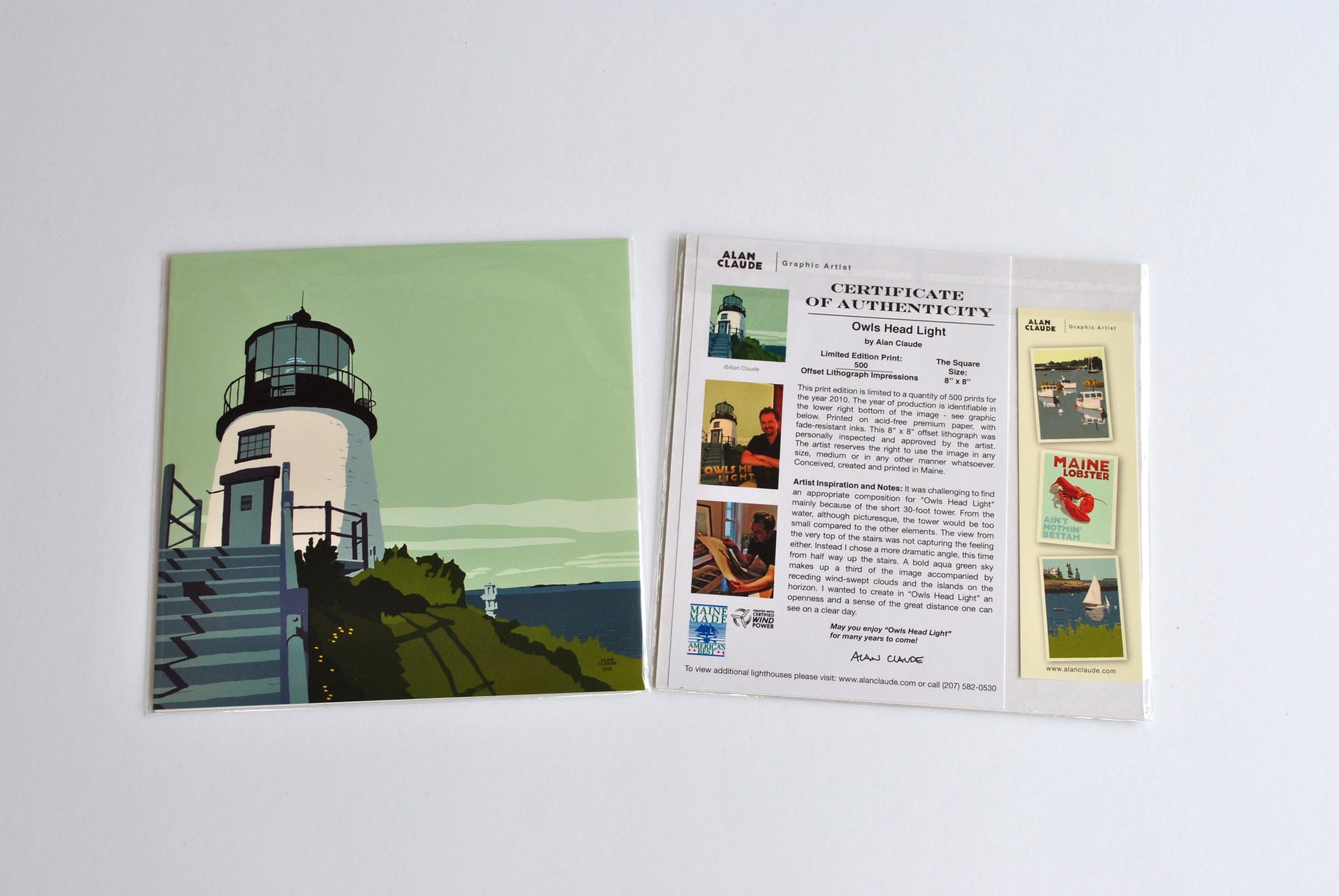 Owls Head Light Art Print 8" x 8" Square Wall Poster By Alan Claude - Maine