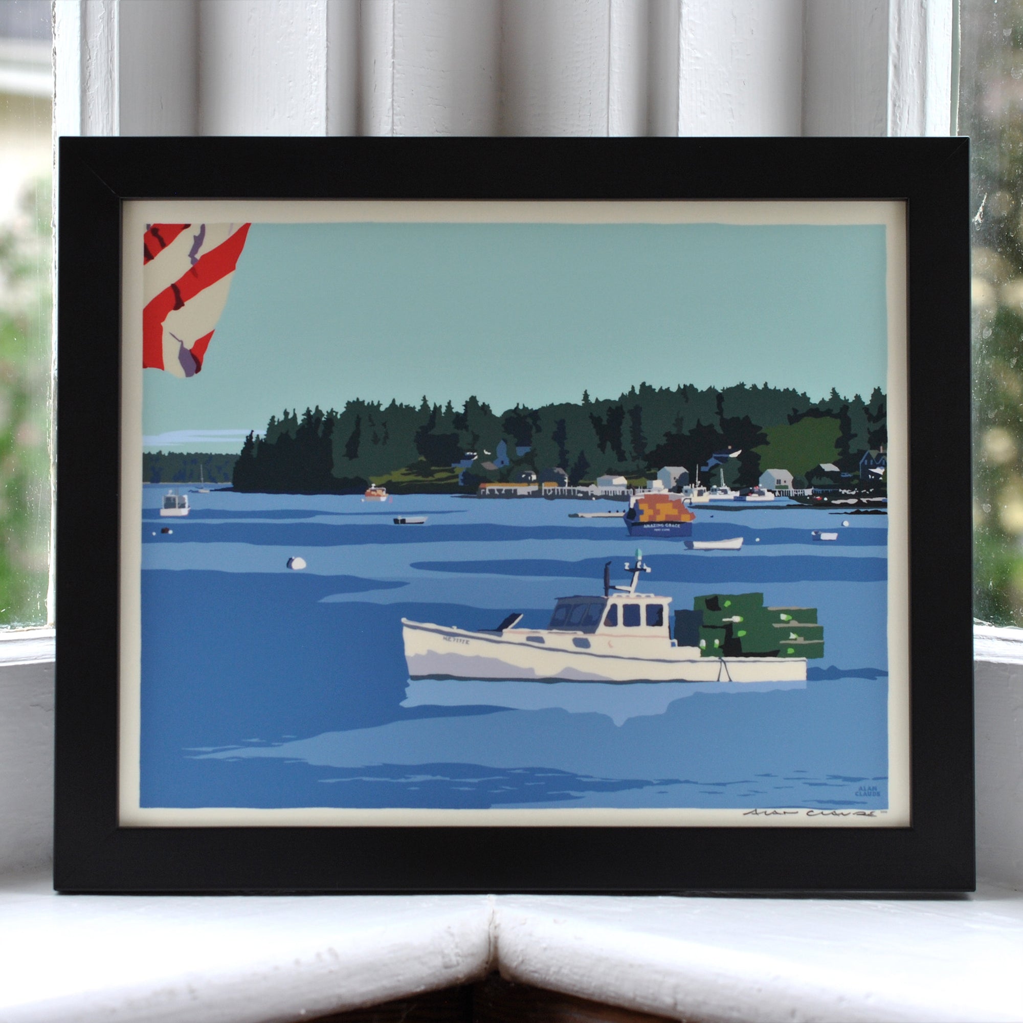 Port Clyde Lobster Boat Art Print 8" x 10" Horizontal Framed Wall Poster- Maine