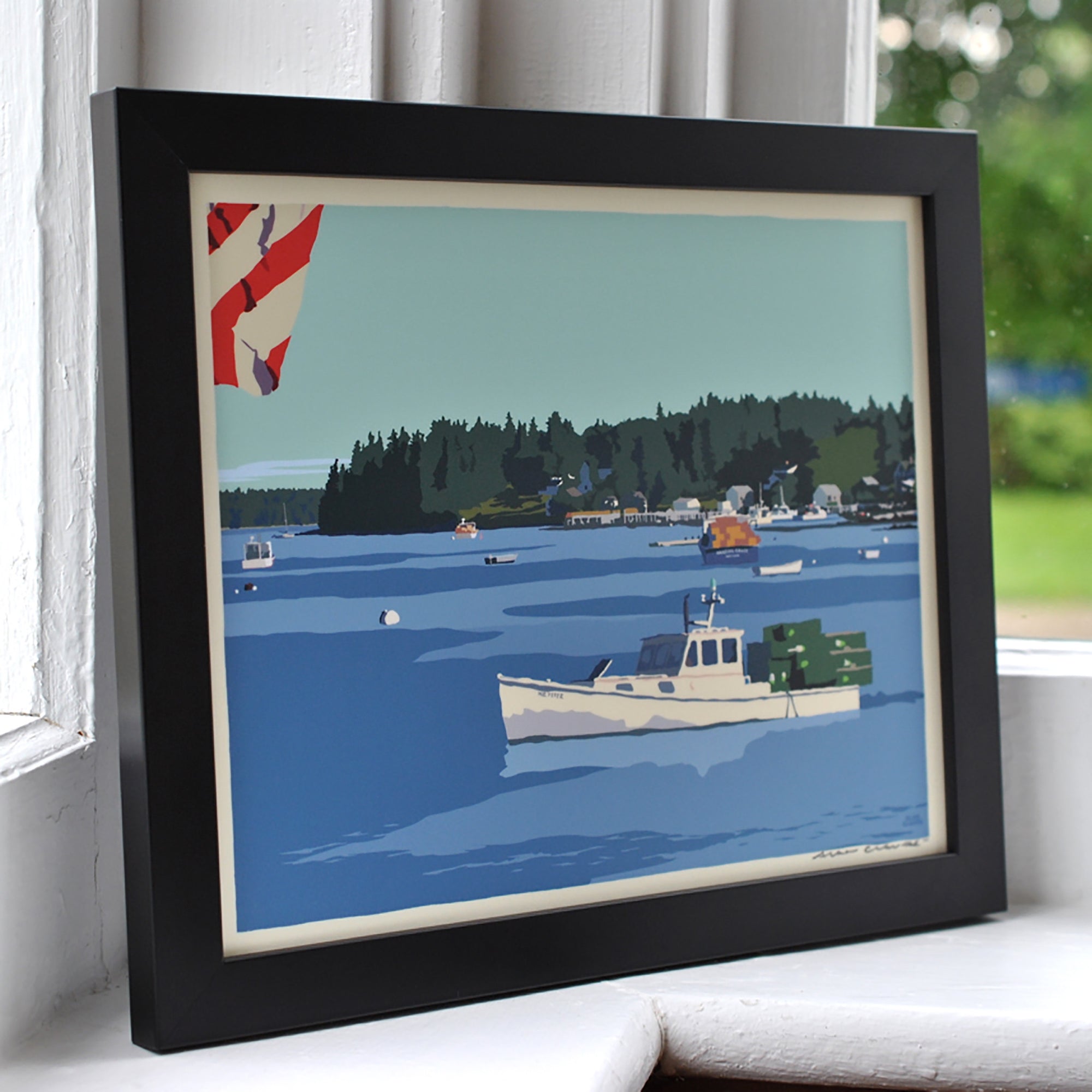 Port Clyde Lobster Boat Art Print 8" x 10" Horizontal Framed Wall Poster- Maine