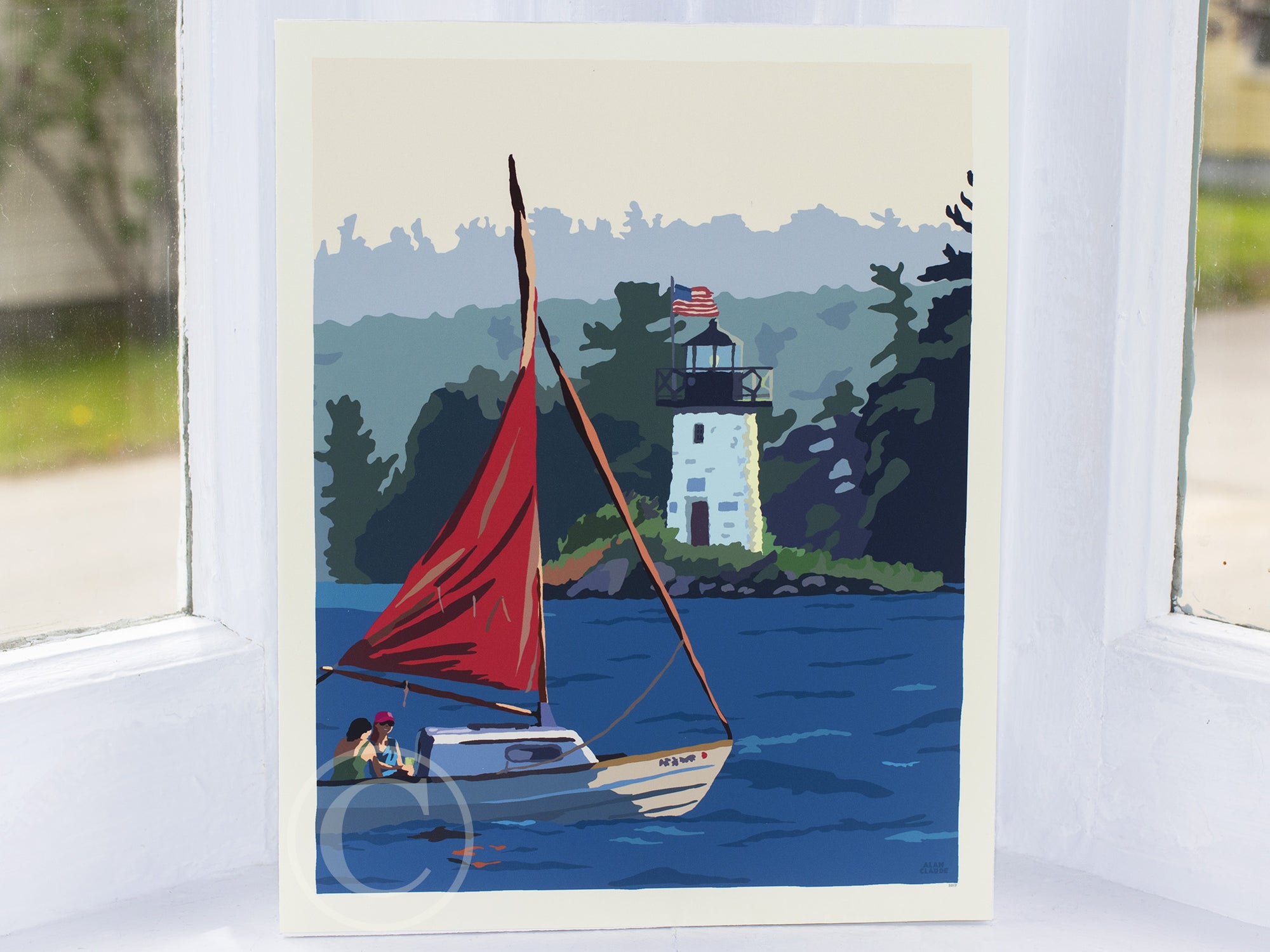 Sailing Ladies Delight Lighthouse Art Print 8" x 10" Wall Poster By Alan Claude - Maine
