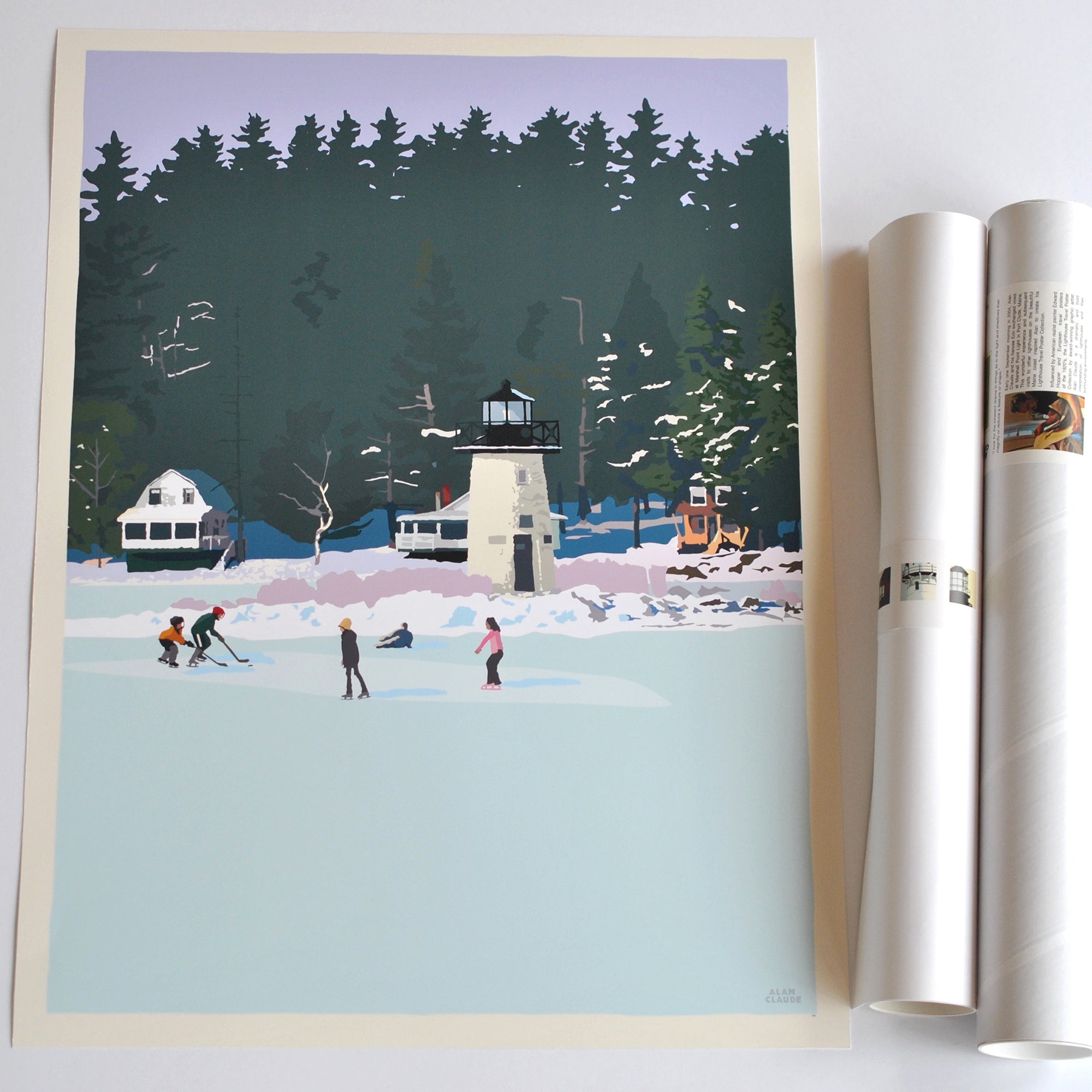 Ice Skating At Ladies Delight Lighthouse Art Print 18" x 24" Wall Poster By Alan Claude - Maine