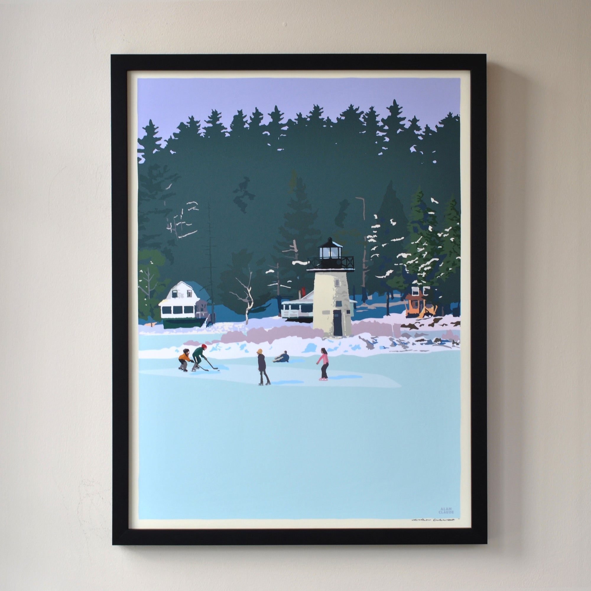 Ice Skating At Ladies Delight Lighthouse Art Print 18" x 24" Framed Wall Poster By Alan Claude - Maine