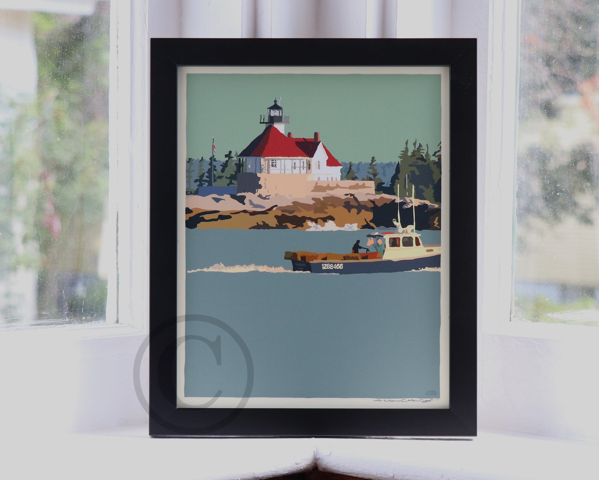 Lobstering at the Cuckolds Light Art Print 8" x 10" Framed Wall Poster By Alan Claude - Maine