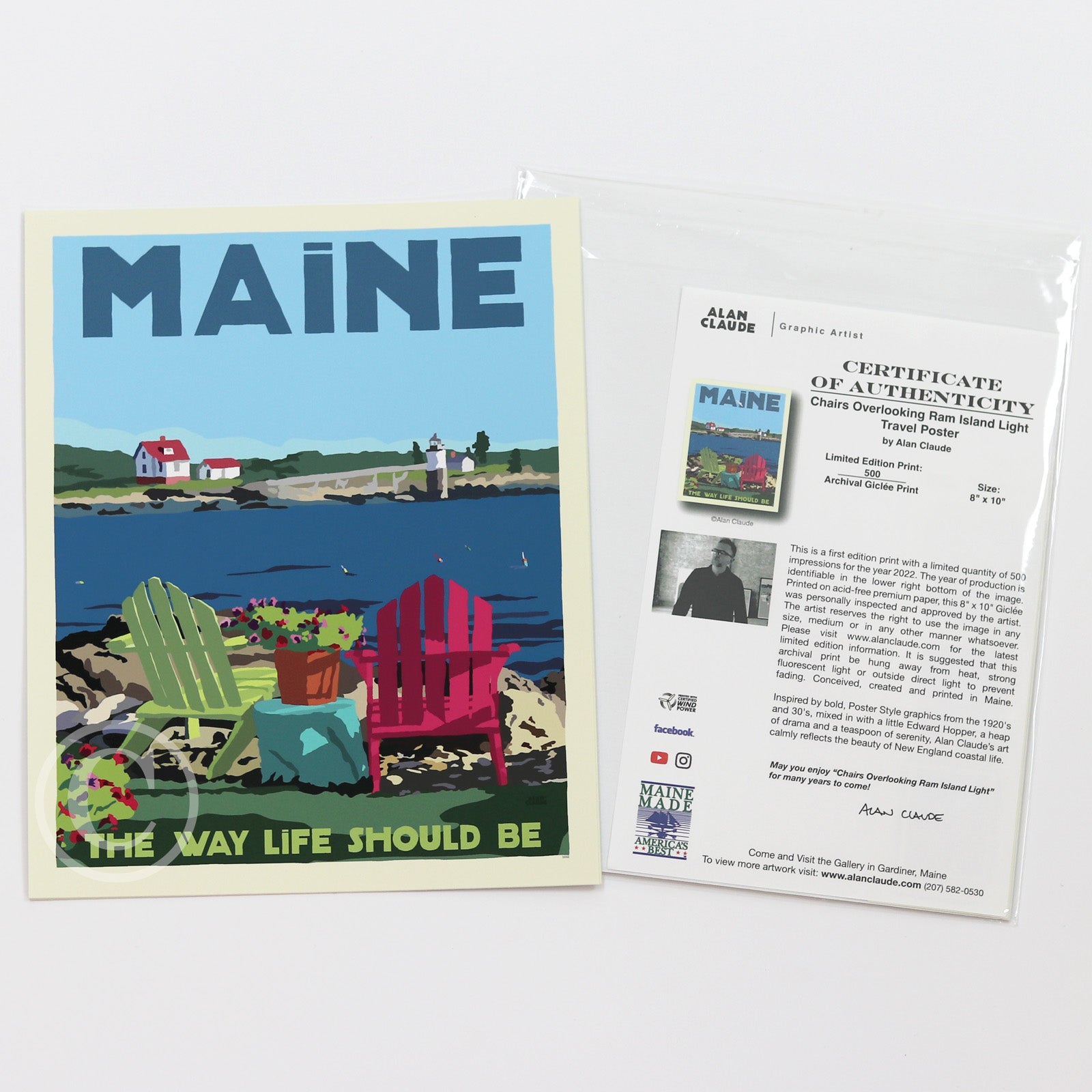 Chairs Overlooking Ram Island Light Maine The Way Life Should Be Art Print 8" x 10" Travel Poster By Alan Claude