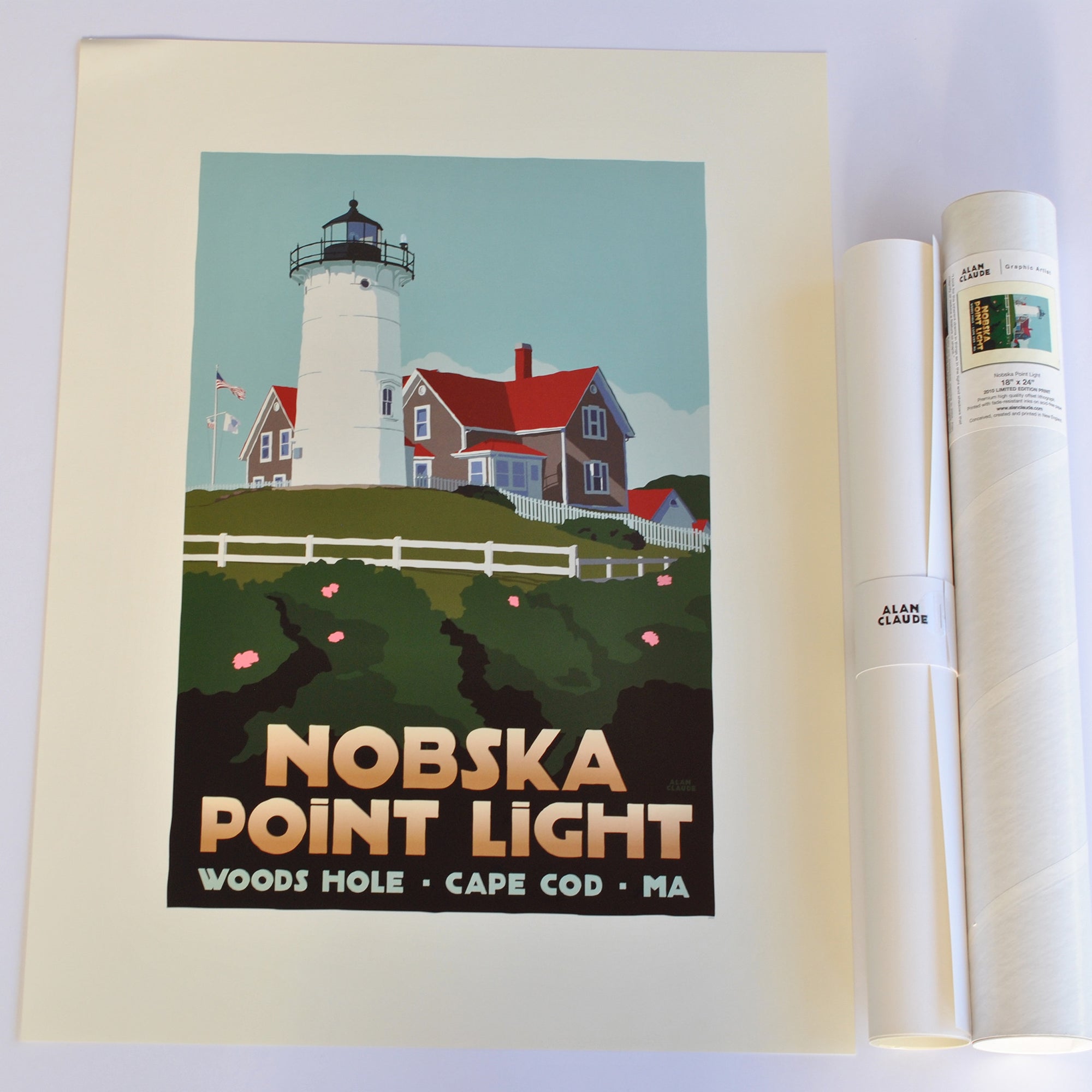 Nobska Point Light Art Print 18" x 24" Travel Poster By Alan Claude - Massachusetts