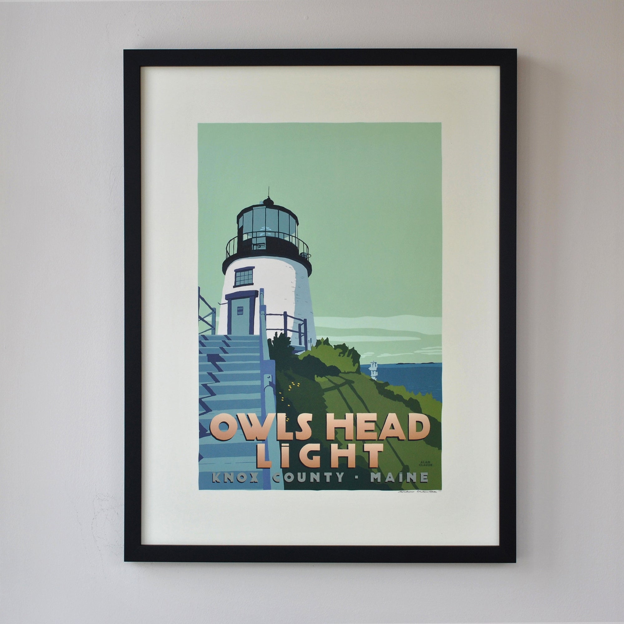Owls Head Light Art Print 18" x 24" Framed Travel Poster By Alan Claude - Maine