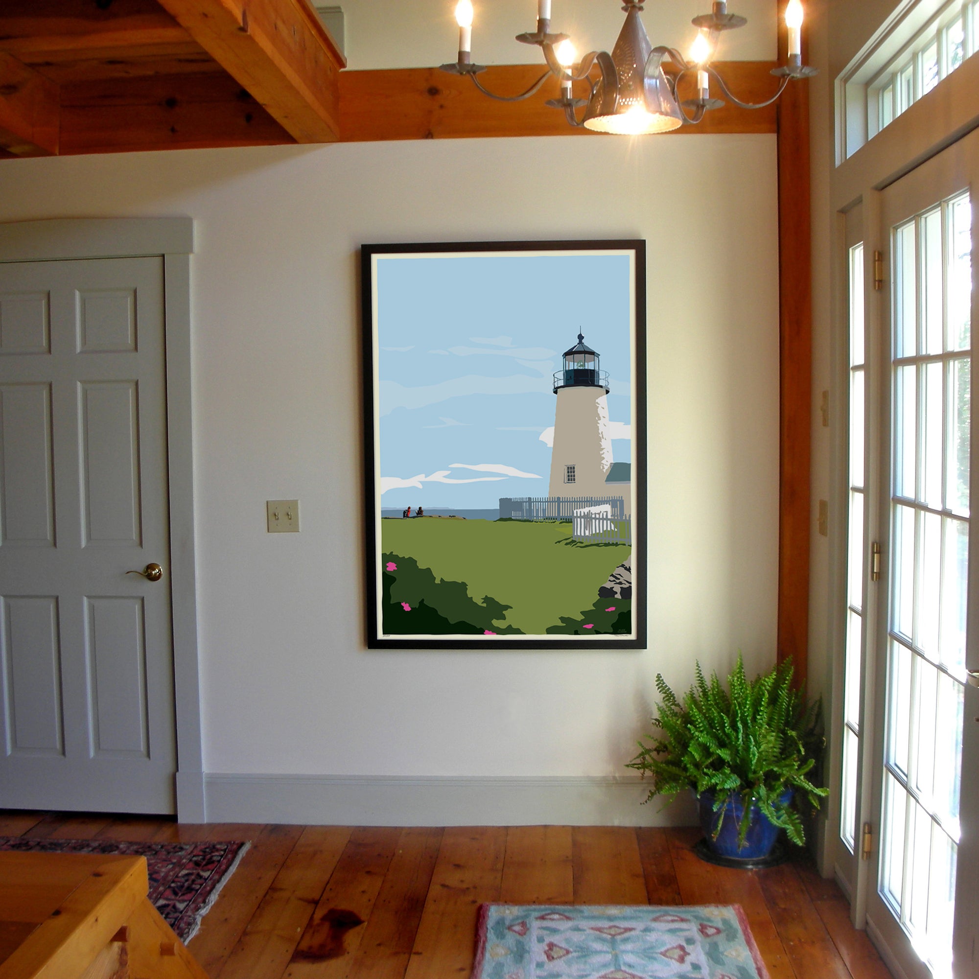 Pemaquid Point Light Hikers Art Print 36" x 53" Framed Wall Poster By Alan Claude - Maine