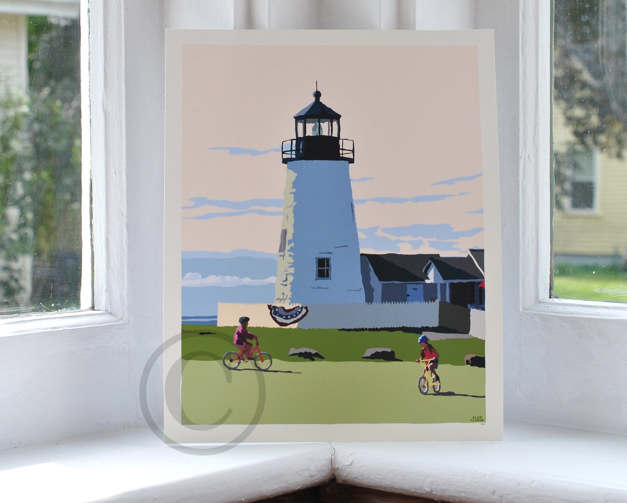 Pemaquid Bicycle Girls Art Print 8" x 10" Wall Poster By Alan Claude - Maine