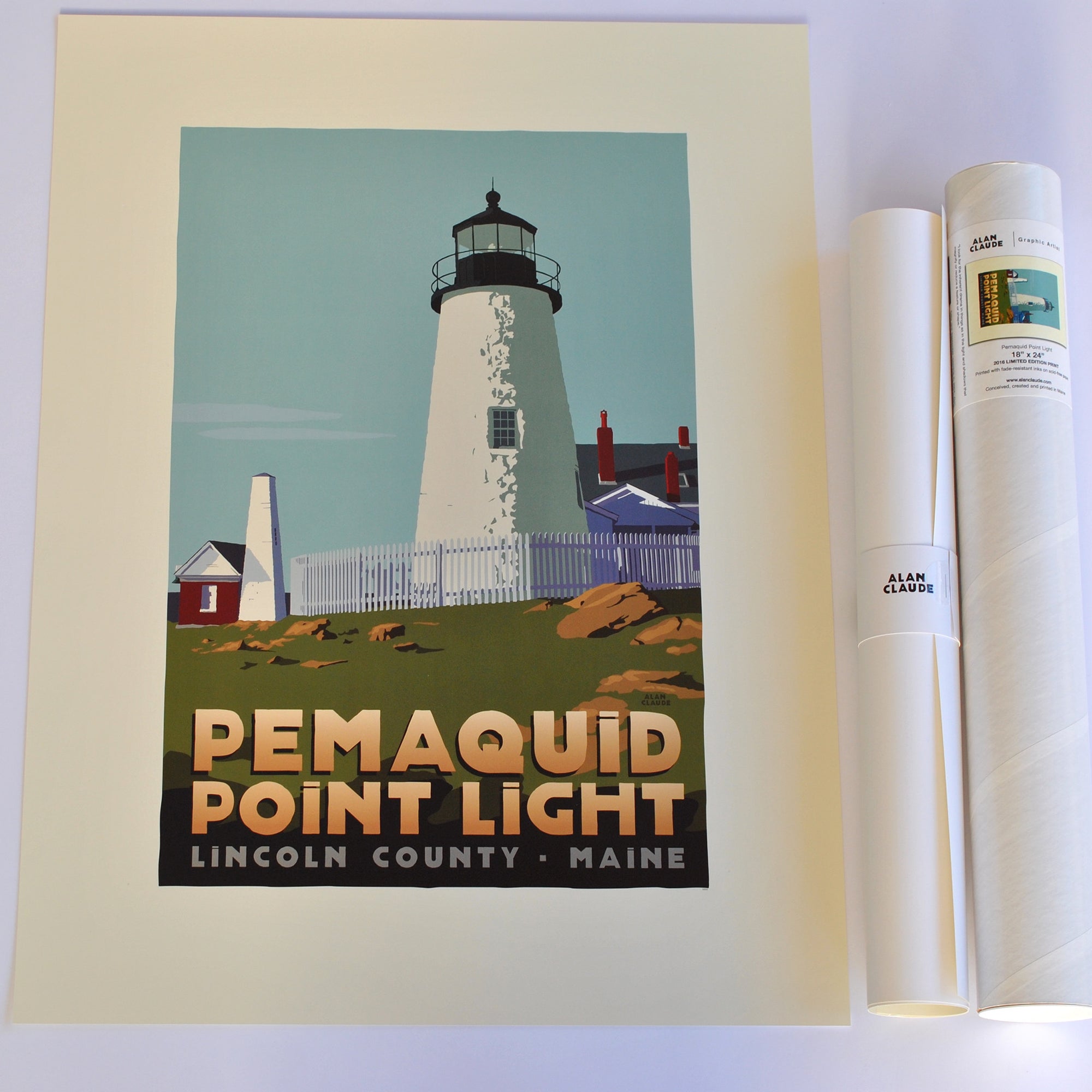 Pemaquid Point Light Art Print 18" x 24" Travel Poster By Alan Claude - Maine