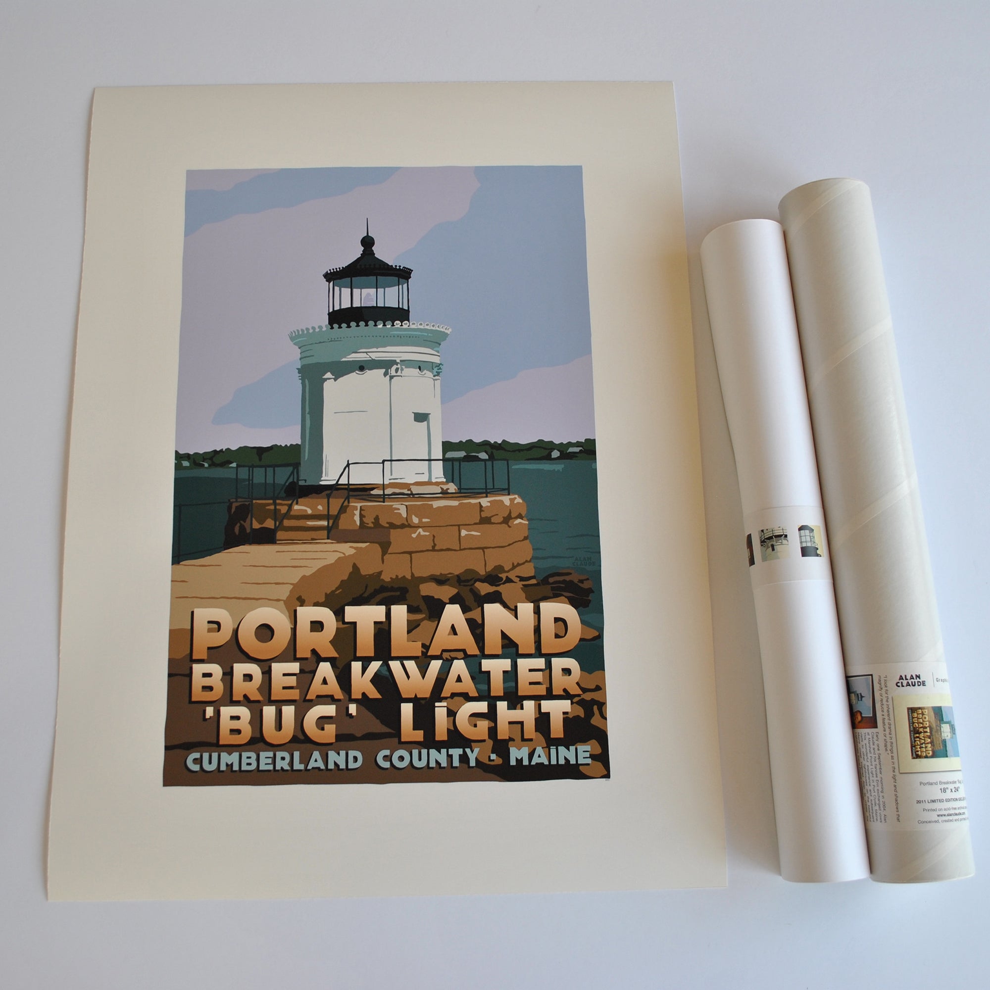 Portland Breakwater Bug Light Art Print 18" x 24" Travel Poster By Alan Claude - Maine