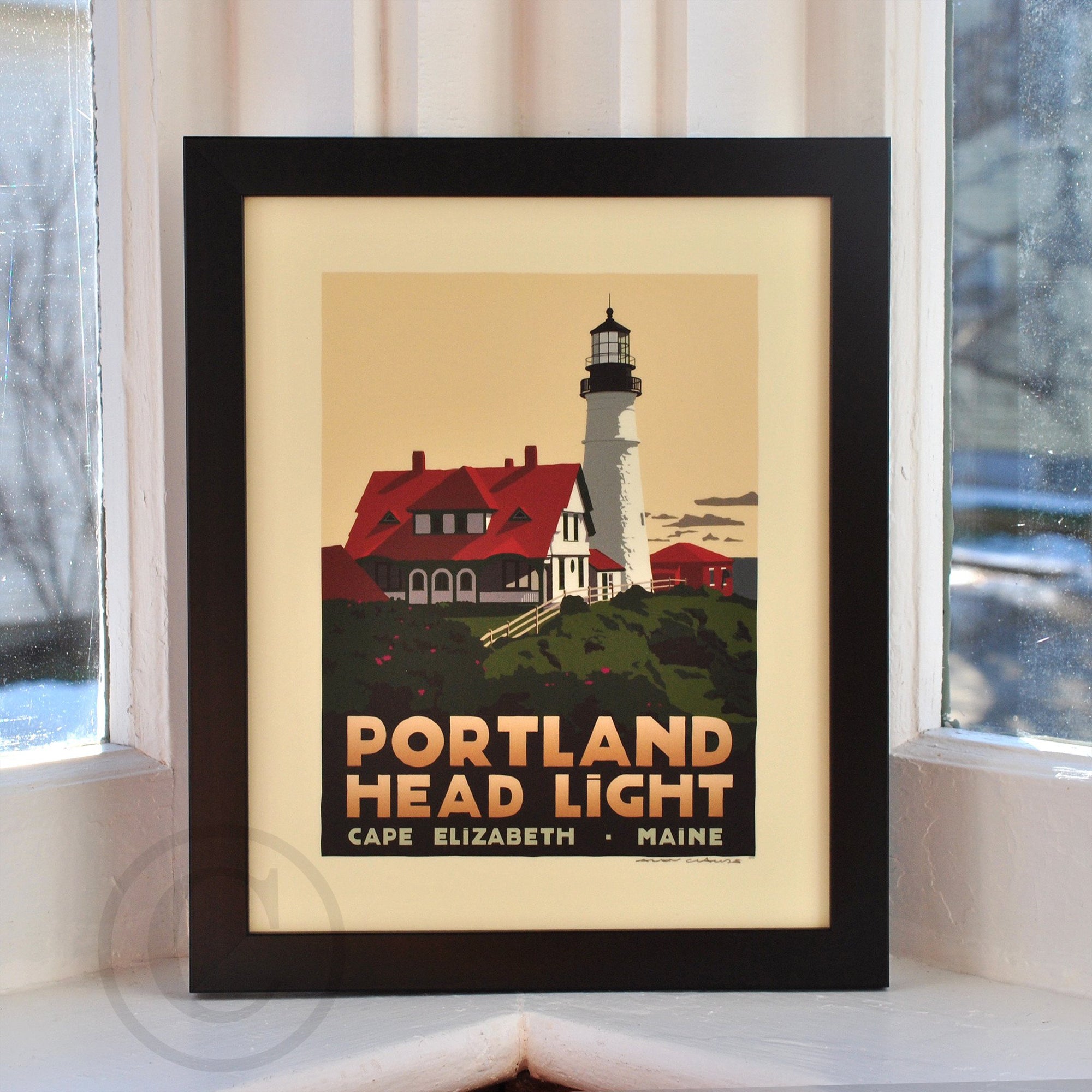 Portland Head Light Art Print 8" x 10" Framed Travel Poster By Alan Claude - Maine