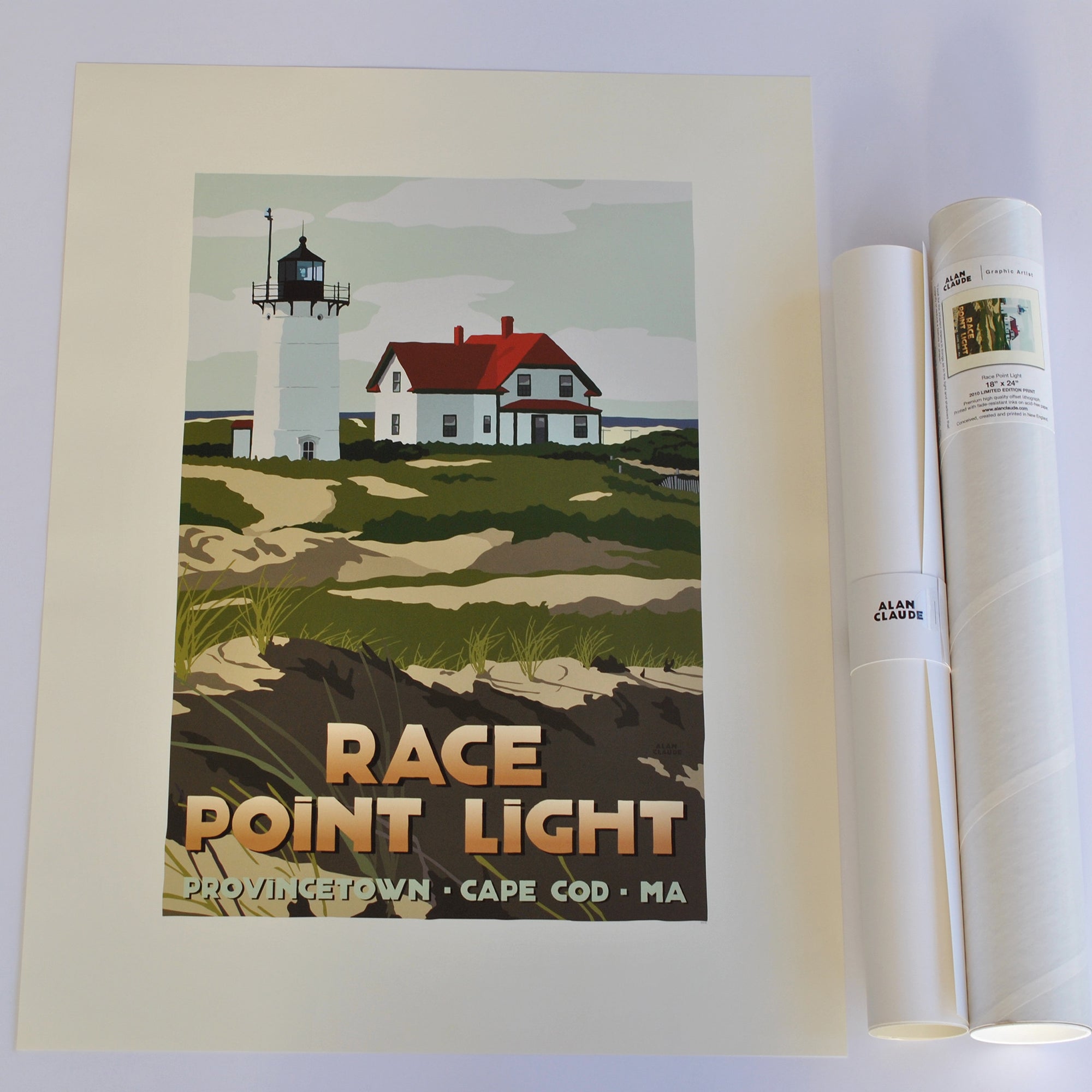 Race Point Light Art Print 18" x 24" Travel Poster By Alan Claude - Massachusetts